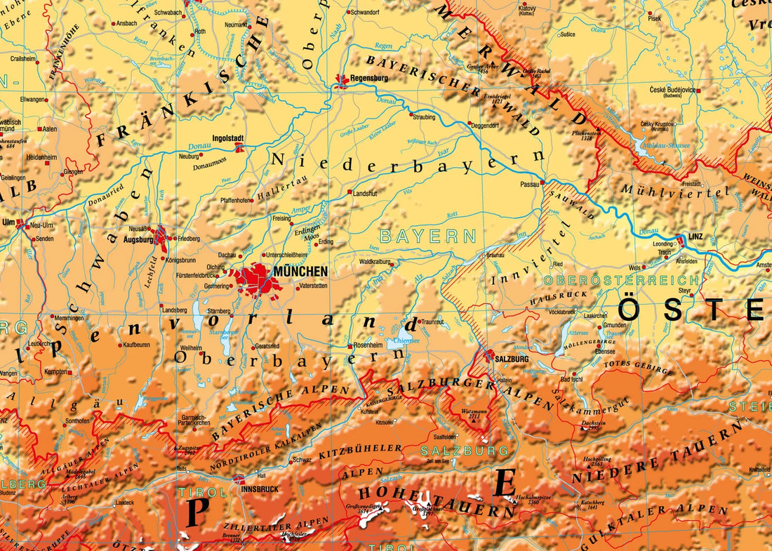 Deutschsprachige Länder physisch - mapa ścienna w języku niemieckim