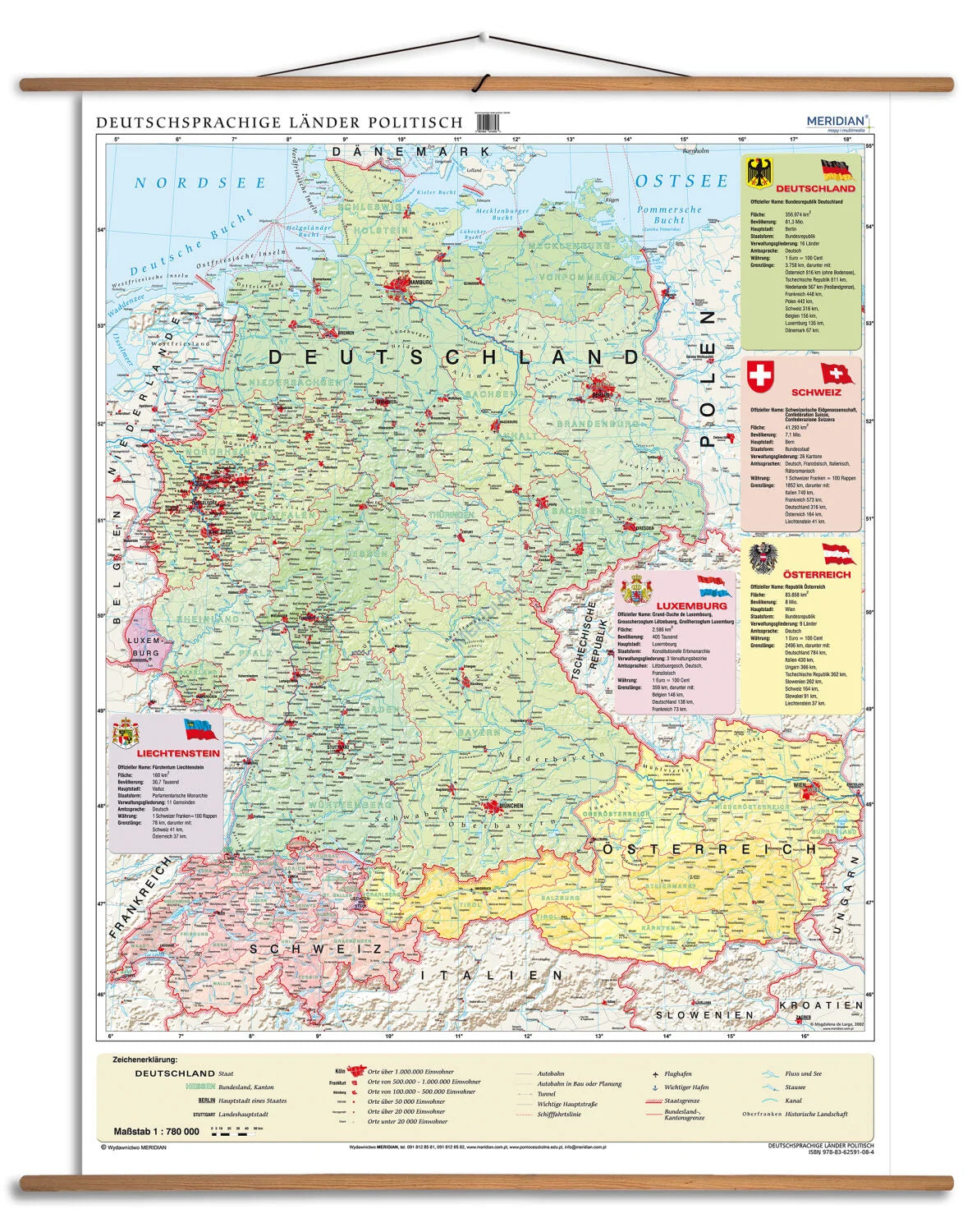 Deutschsprachige Länder politisch - mapa ścienna w języku niemieckim