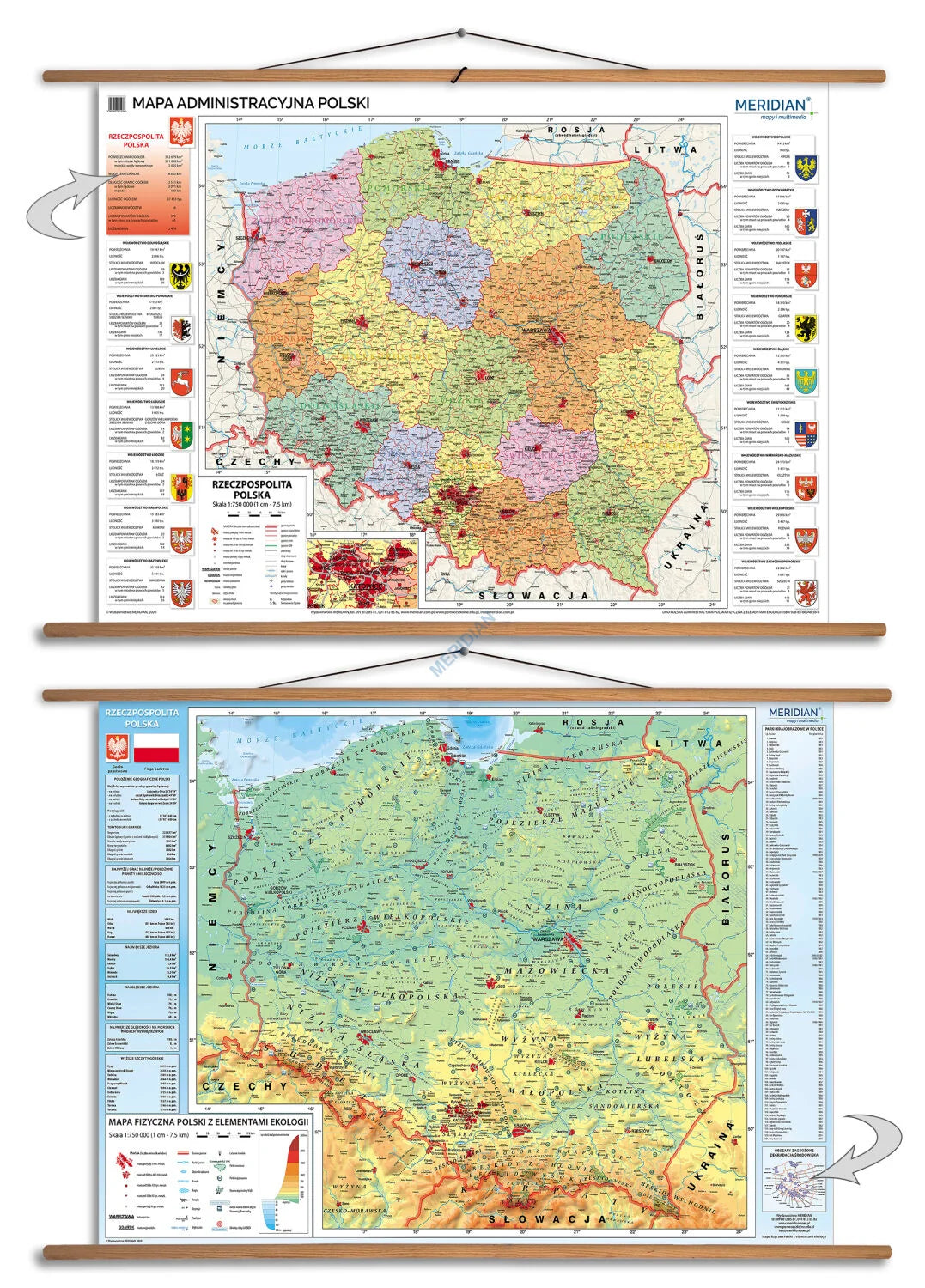 DUO: Mapa administracyjna Polski / Polska fizyczna z elementami ekologii - dwustronna mapa ścienna