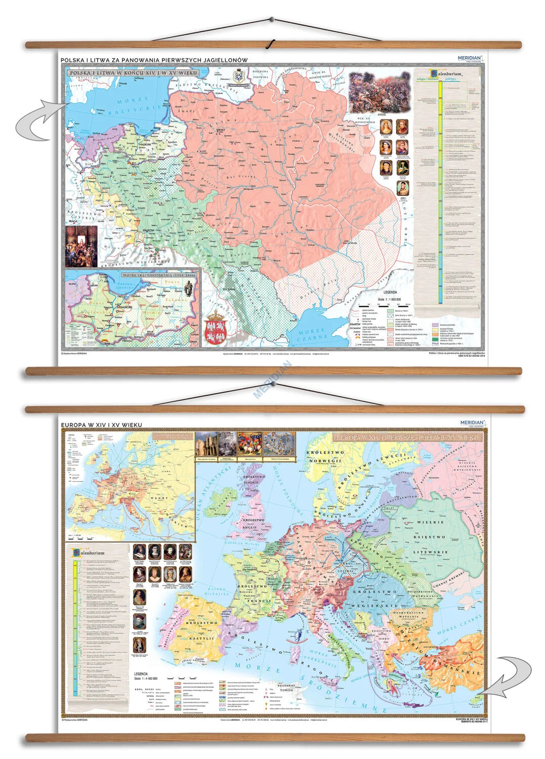 DUO: Polska i Litwa za pierwszych Jagiellonów / Europa XIV-XV wiek - dwustronna mapa ścienna
