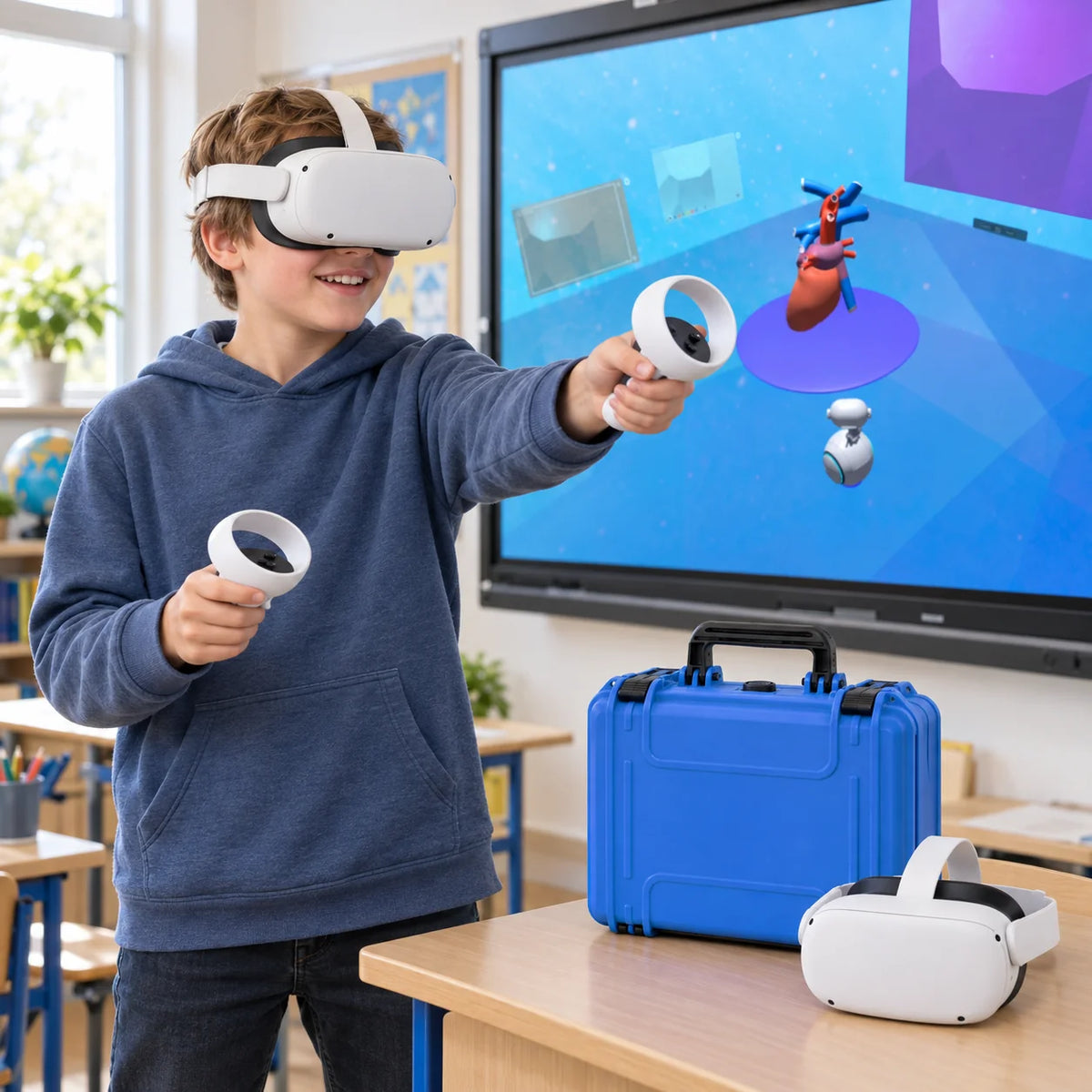 Uczeń w goglach VR, na ekranie model serca w eduLabVR