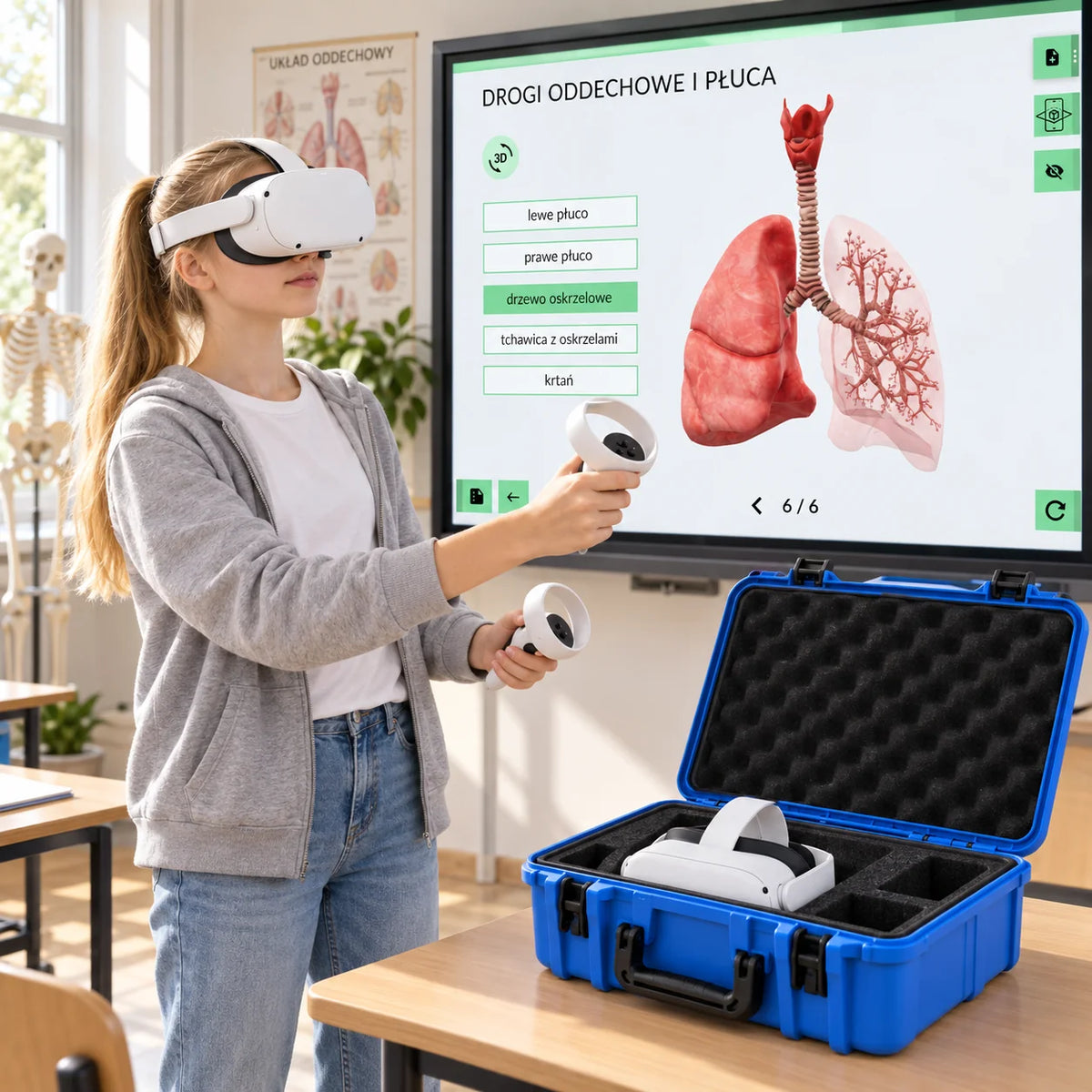 Uczennica w goglach VR, na ekranie model płuc w eduLabVR