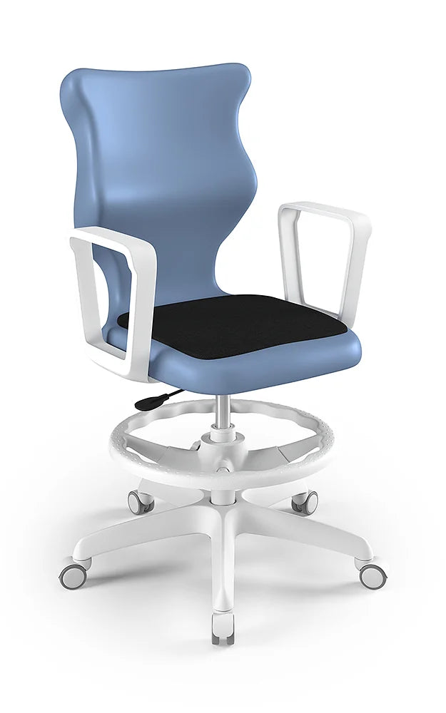 Krzesło szkolne Twist Soft z podłokietnikami i podnóżkiem, rozmiar 5 (wzrost 146–176 cm) – Biały / Pastelowy niebieski