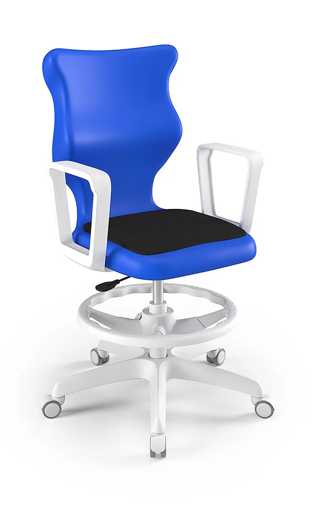 Krzesło szkolne Twist Soft z podłokietnikami i podnóżkiem, rozmiar 6 (wzrost 159–188 cm) – Biały / Niebieski