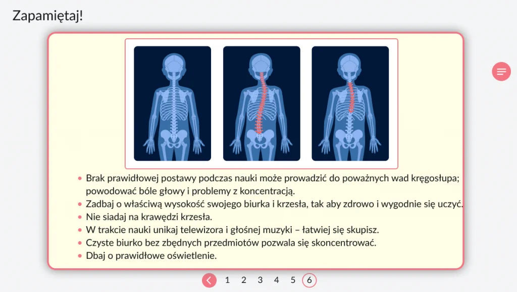 Laboratorium przyszłości. Instrukcje BHP w szkole i poza nią: ekran „Zapamiętaj!” o postawie przy nauce