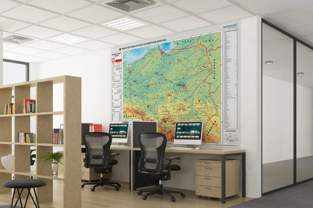 Mapa fizyczna Polski z elementami ekologii - wersja fototapeta