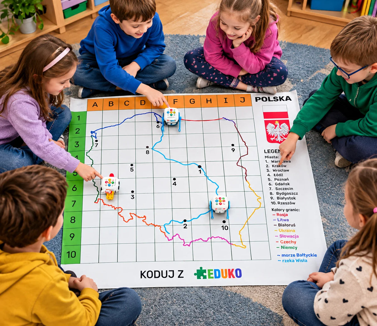 Dzieci kodują trasy robota Zosia na macie Mapa Polski