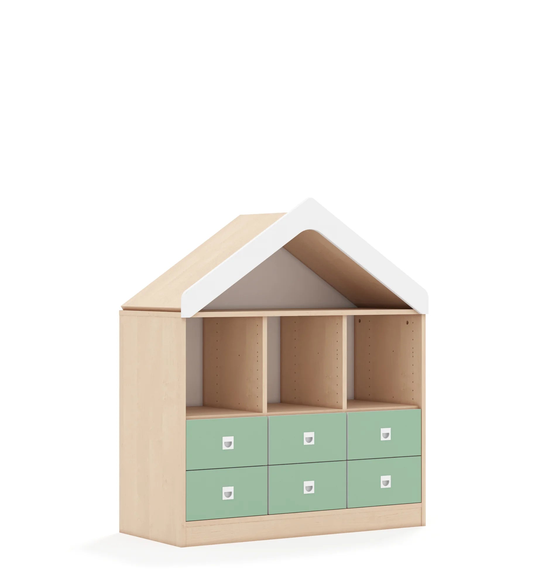 Regał BLOX 110 2PP 4SB 2SS z daszkiem 1049x466x1223 – brzoza / biały/pastelowy zielony