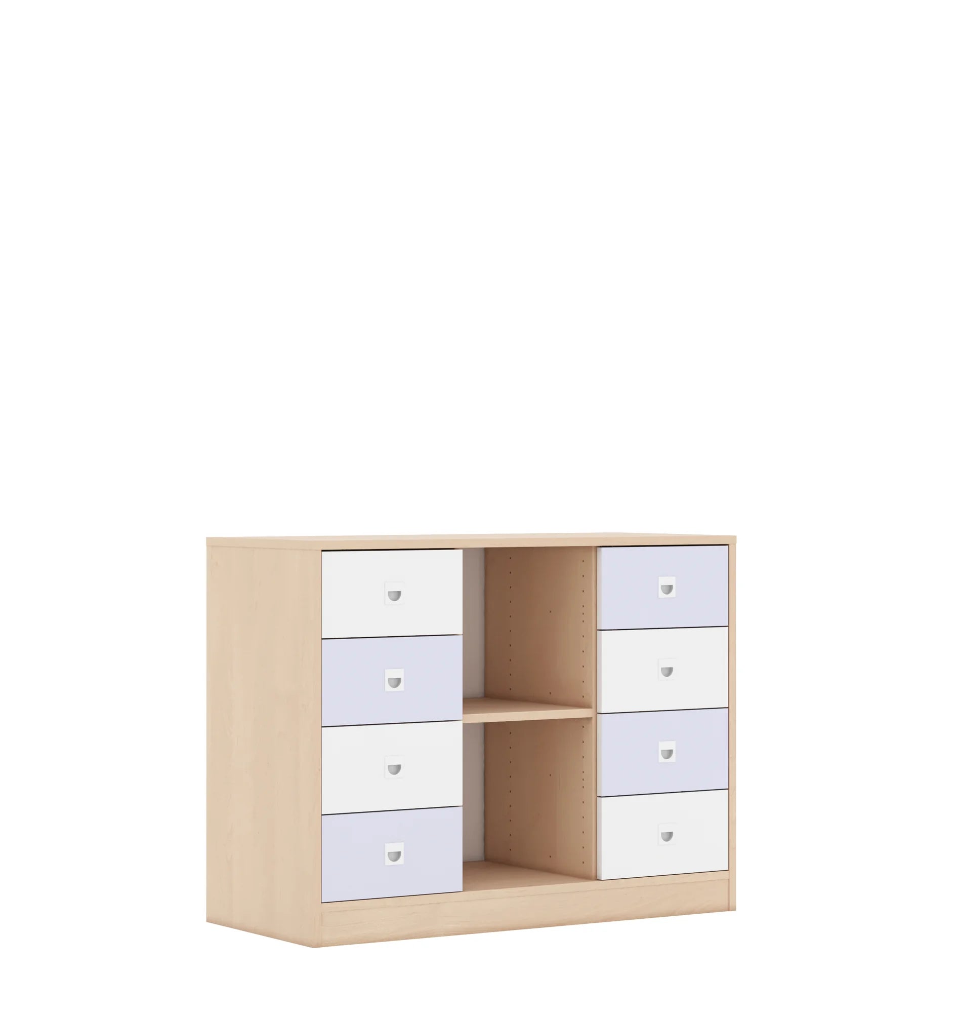 Regał BLOX 110 2PP 8SB 1049x466x813 – brzoza / biały/pastelowy fioletowy