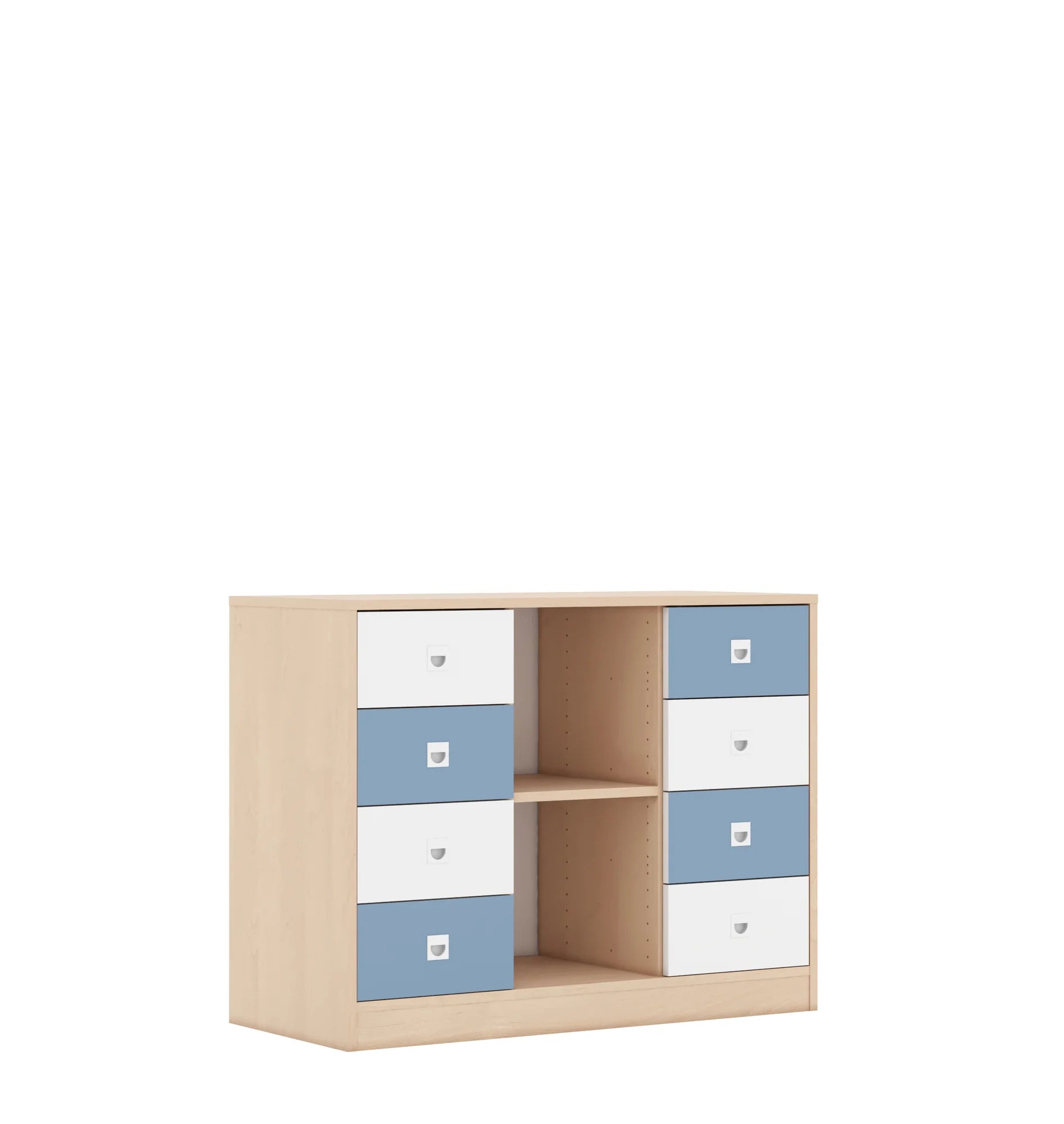 Regał BLOX 110 2PP 8SB 1049x466x813 – brzoza / biały/pastelowy niebieski