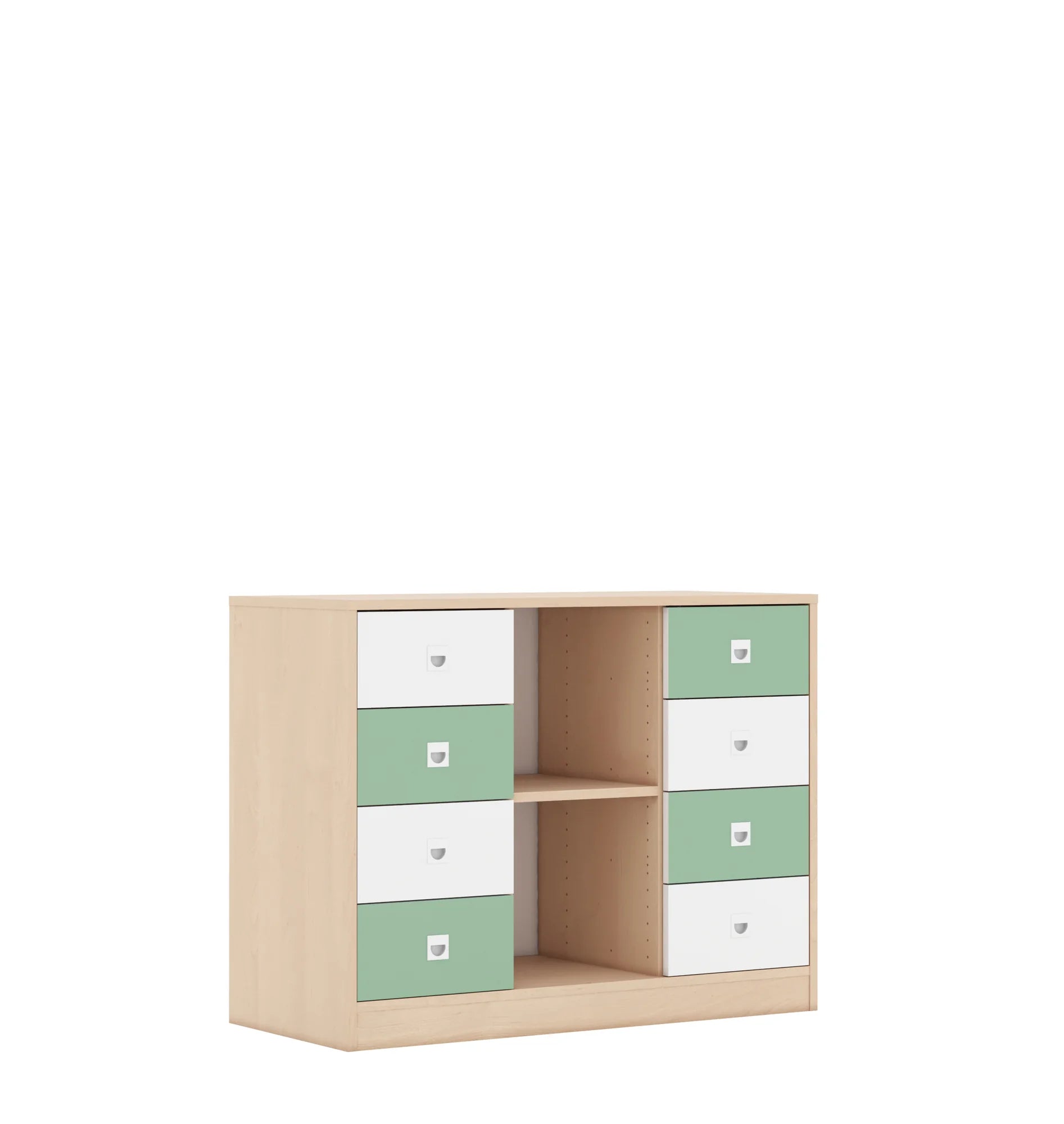 Regał BLOX 110 2PP 8SB 1049x466x813 – brzoza / biały/pastelowy zielony