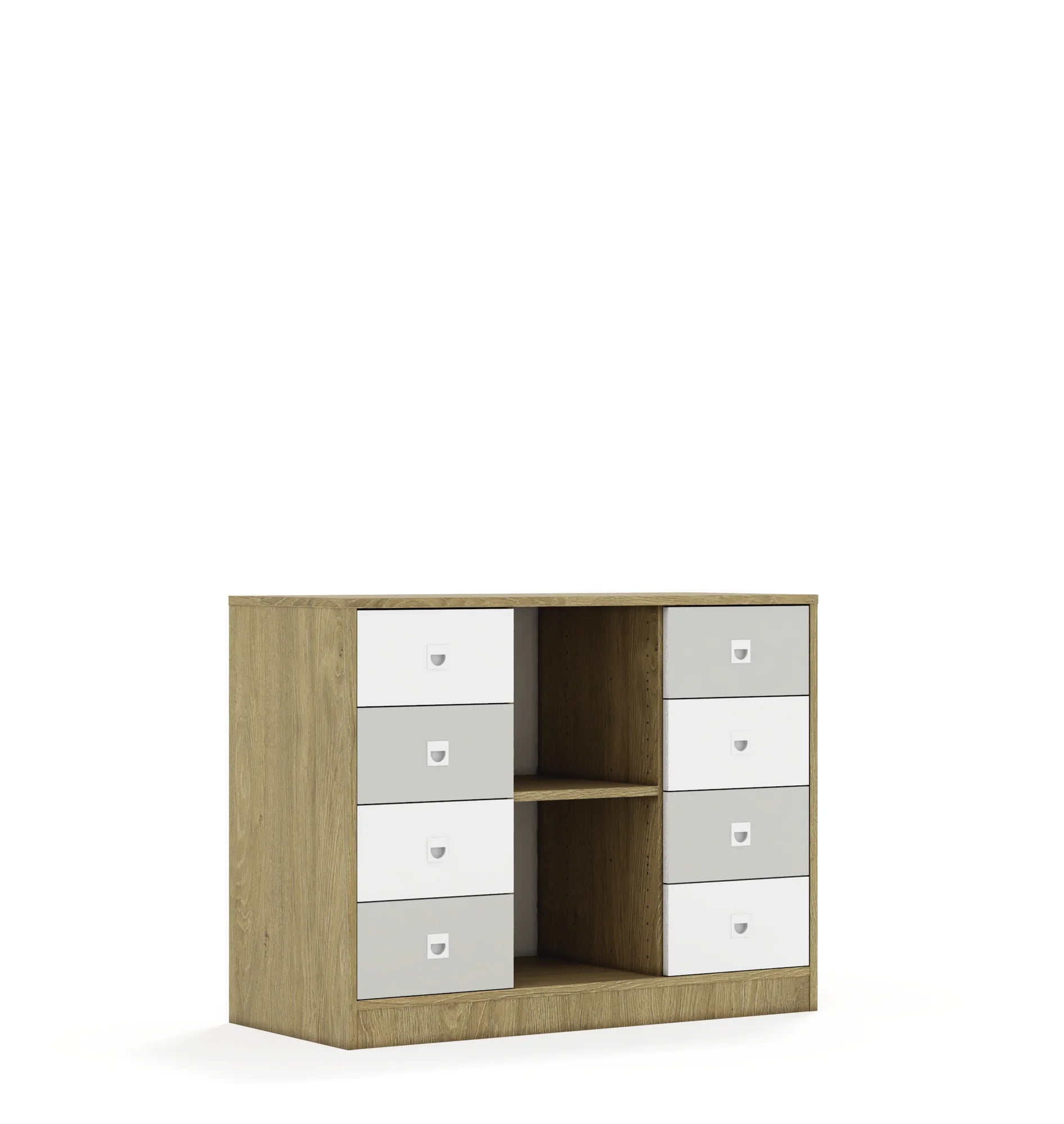 Regał BLOX 110 2PP 8SB 1049x466x813 – dąb / biały/jasny szary