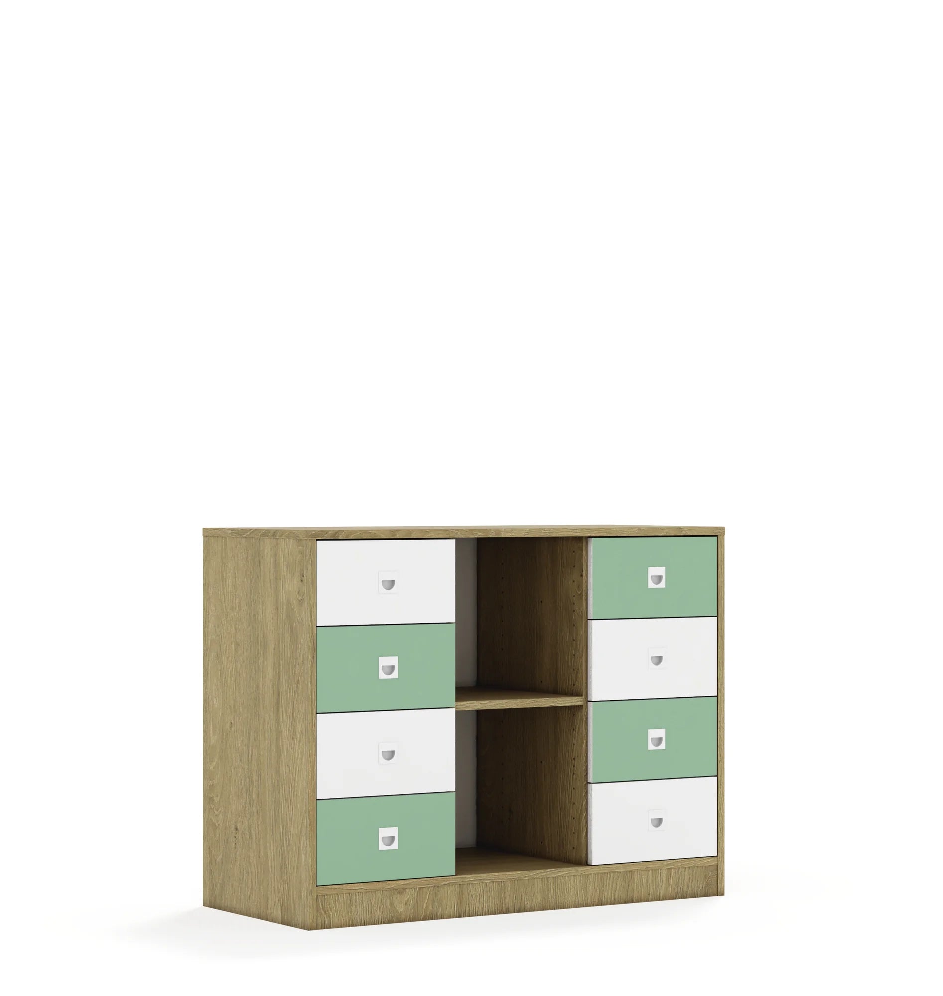 Regał BLOX 110 2PP 8SB 1049x466x813 – dąb / biały/pastelowy zielony