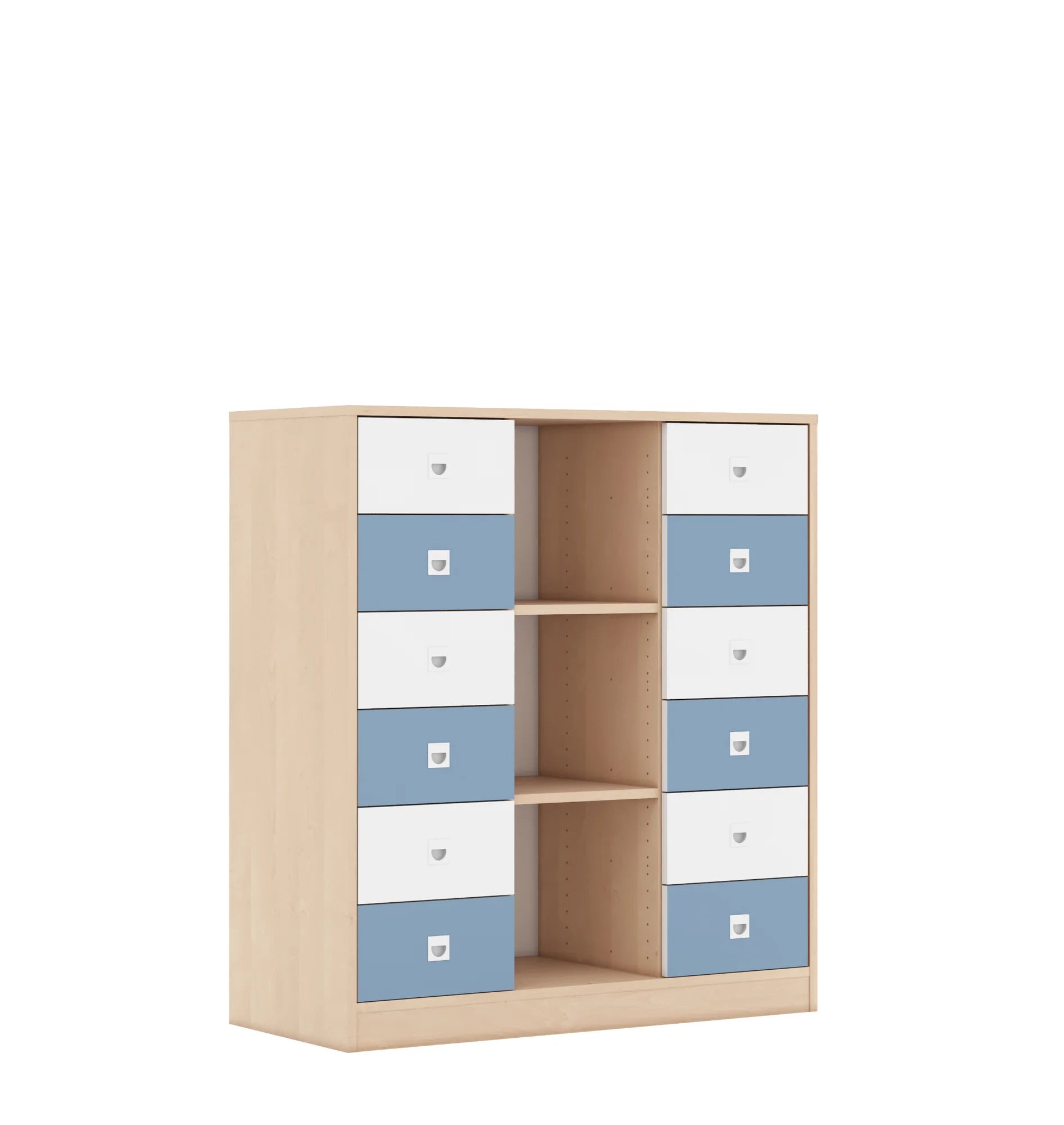 Regał BLOX 110 3PP 12SB 1049x466x1165 – brzoza / biały/pastelowy niebieski