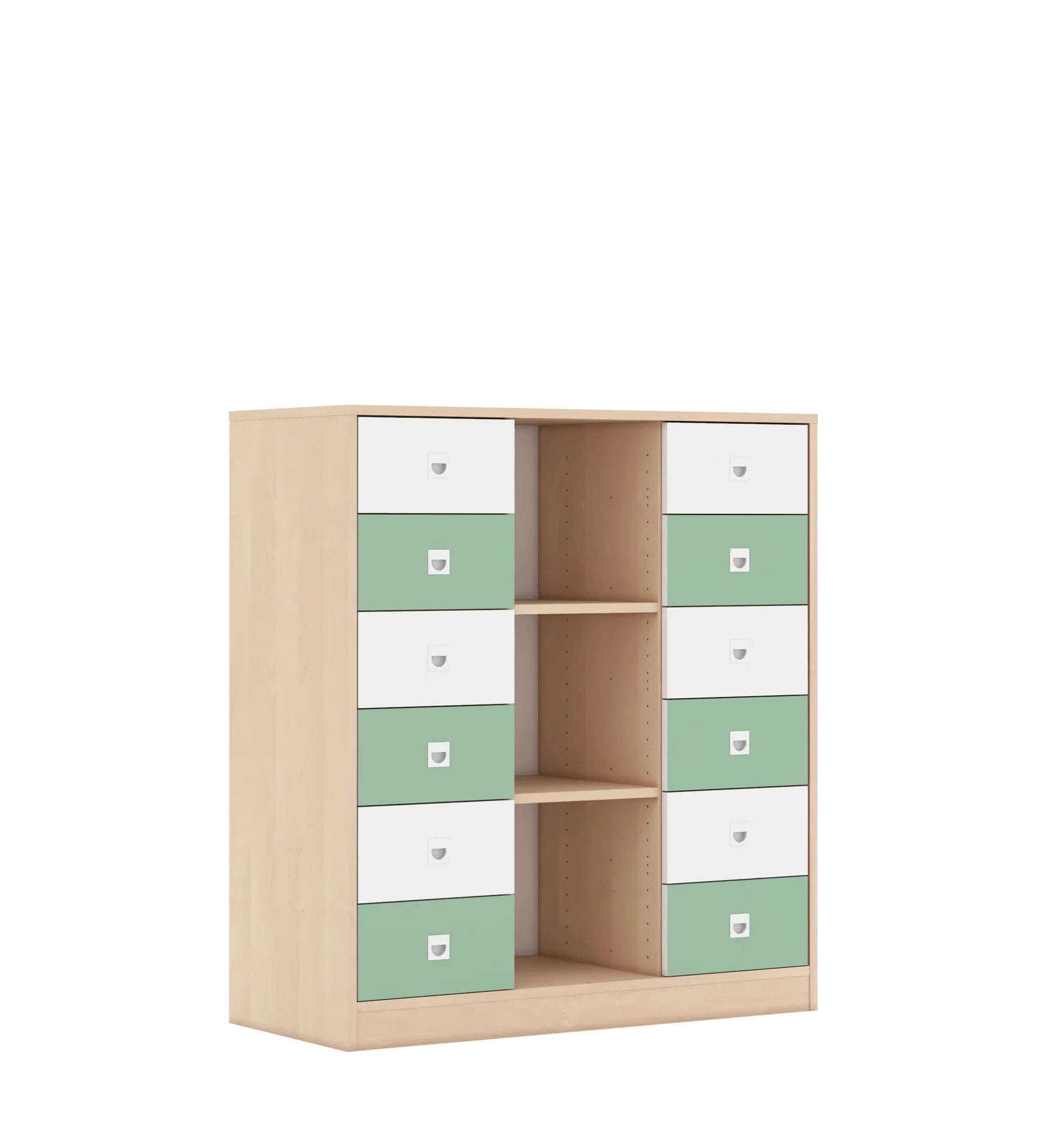 Regał BLOX 110 3PP 12SB 1049x466x1165 – brzoza / biały/pastelowy zielony
