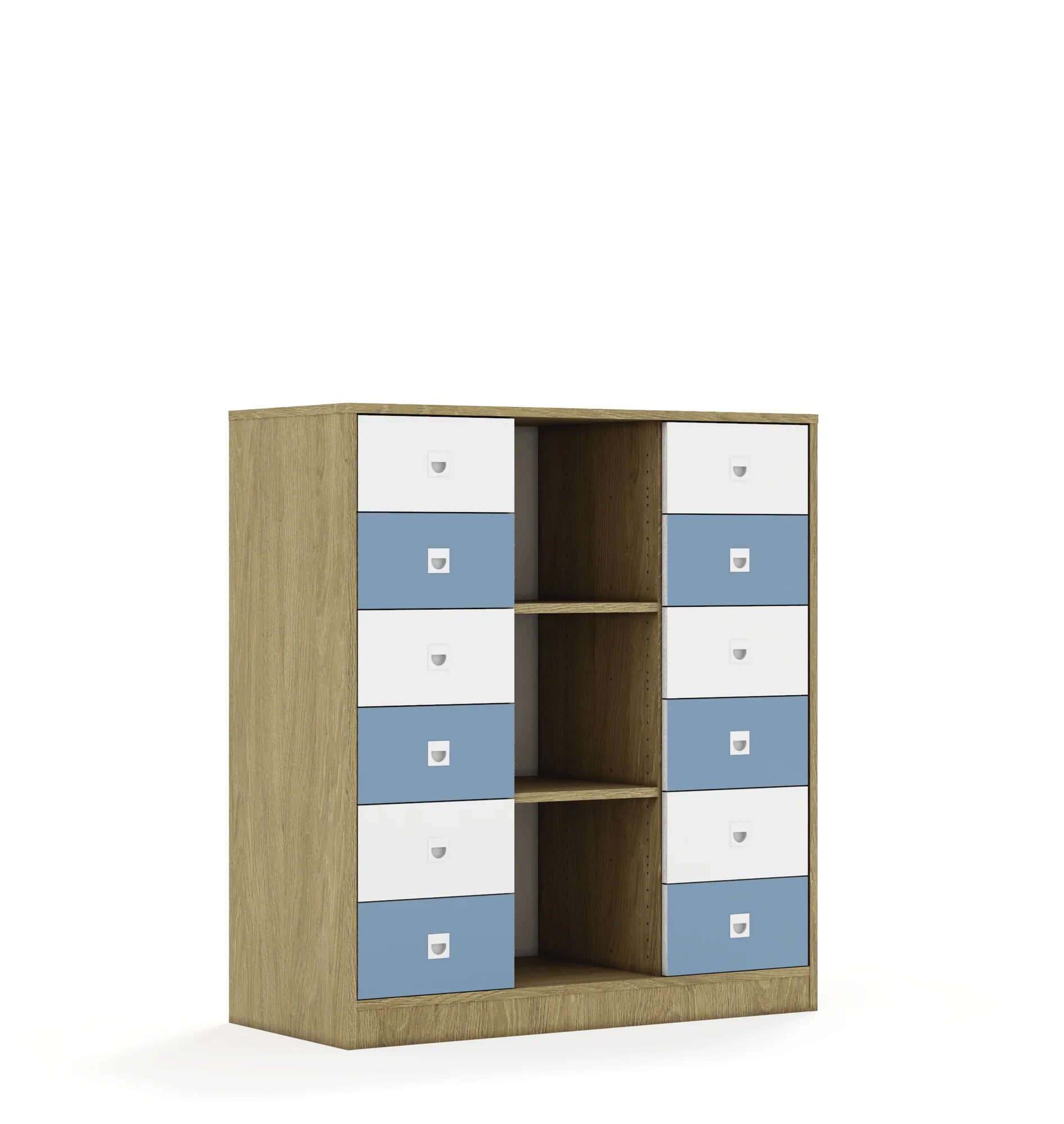 Regał BLOX 110 3PP 12SB 1049x466x1165 – dąb / biały/pastelowy niebieski