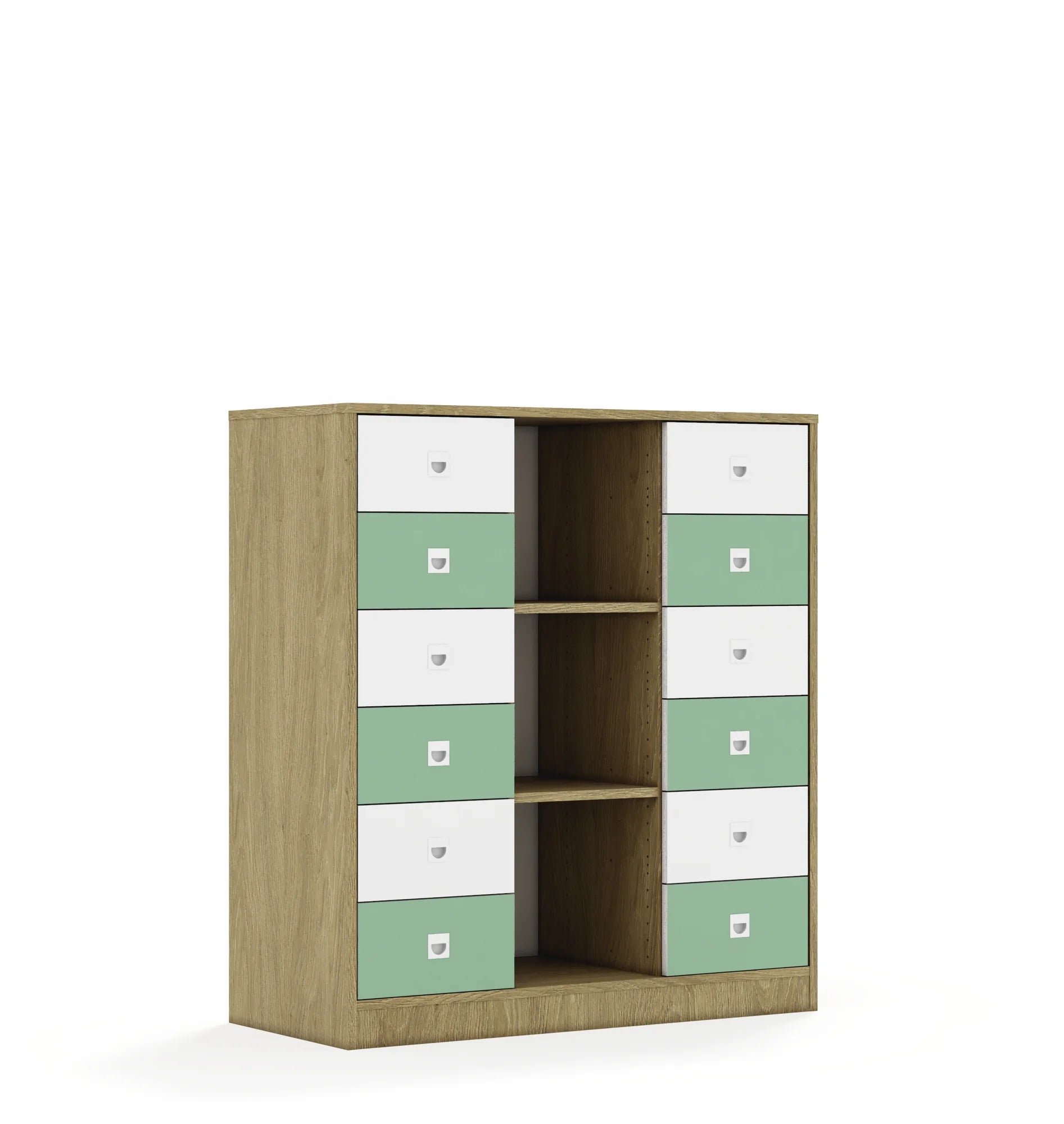 Regał BLOX 110 3PP 12SB 1049x466x1165 – dąb / biały/pastelowy zielony