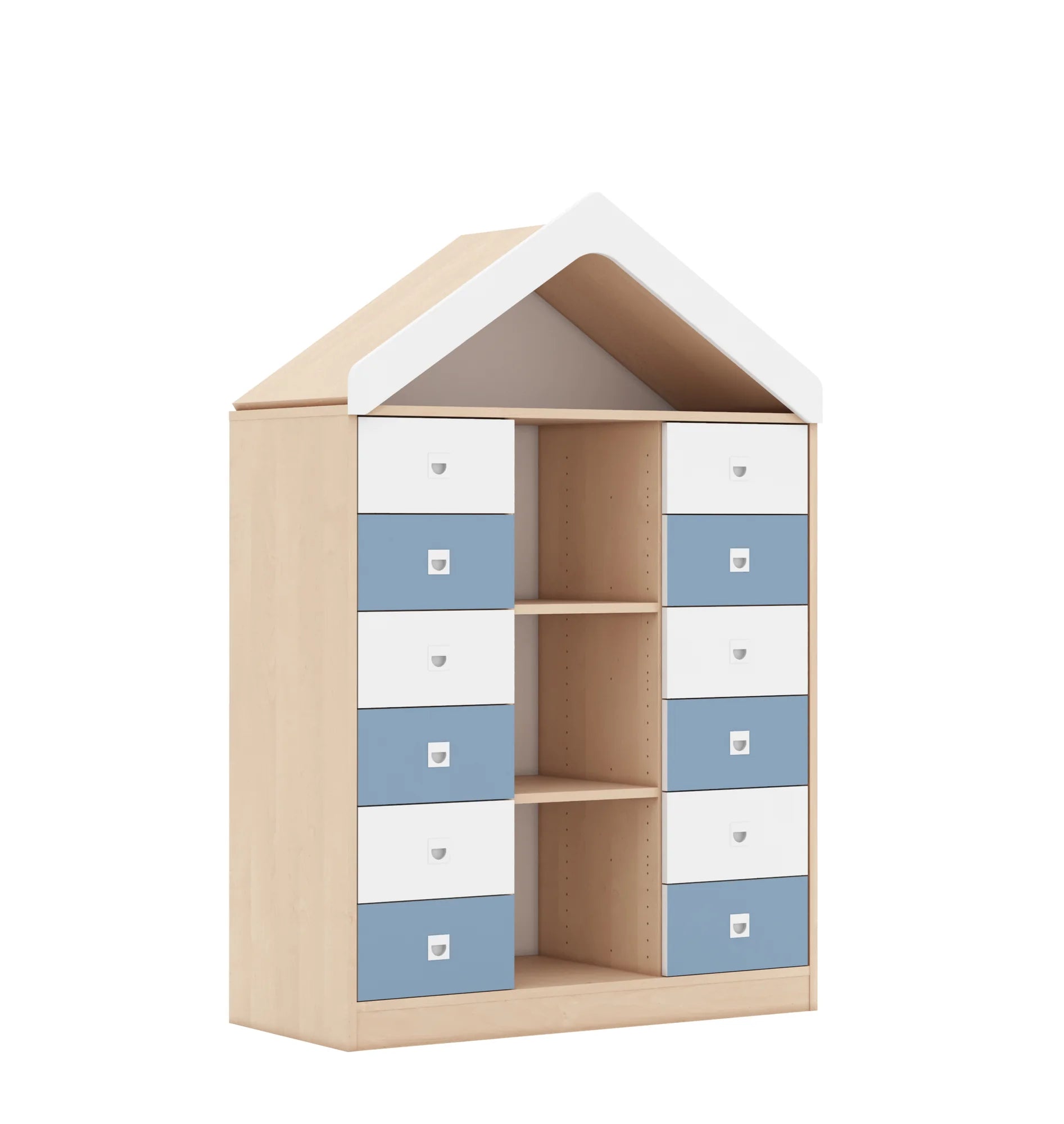 Regał BLOX 110 3PP 12SB z daszkiem 1049x466x1575 – brzoza / biały/pastelowy niebieski