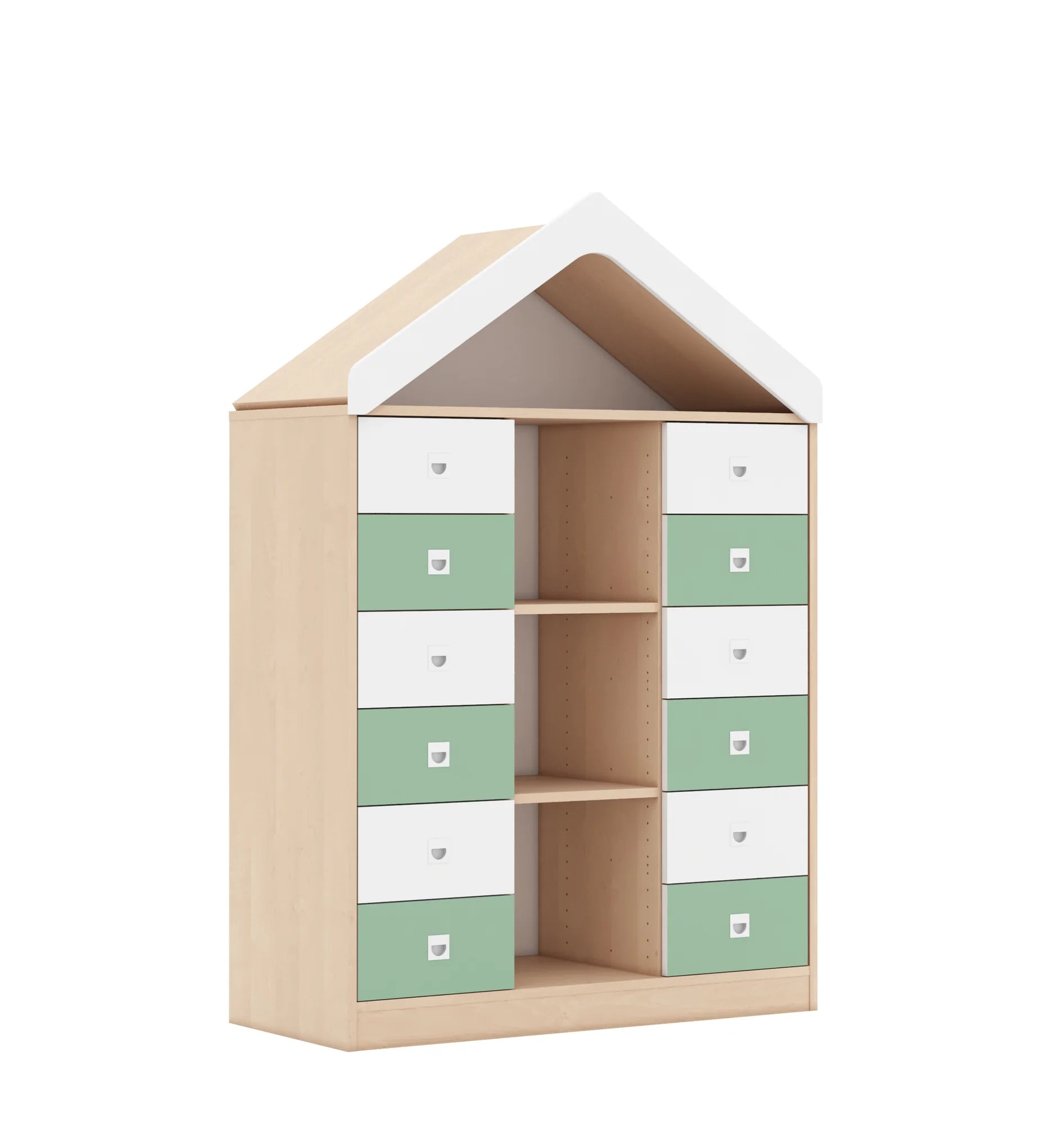 Regał BLOX 110 3PP 12SB z daszkiem 1049x466x1575 – brzoza / biały/pastelowy zielony