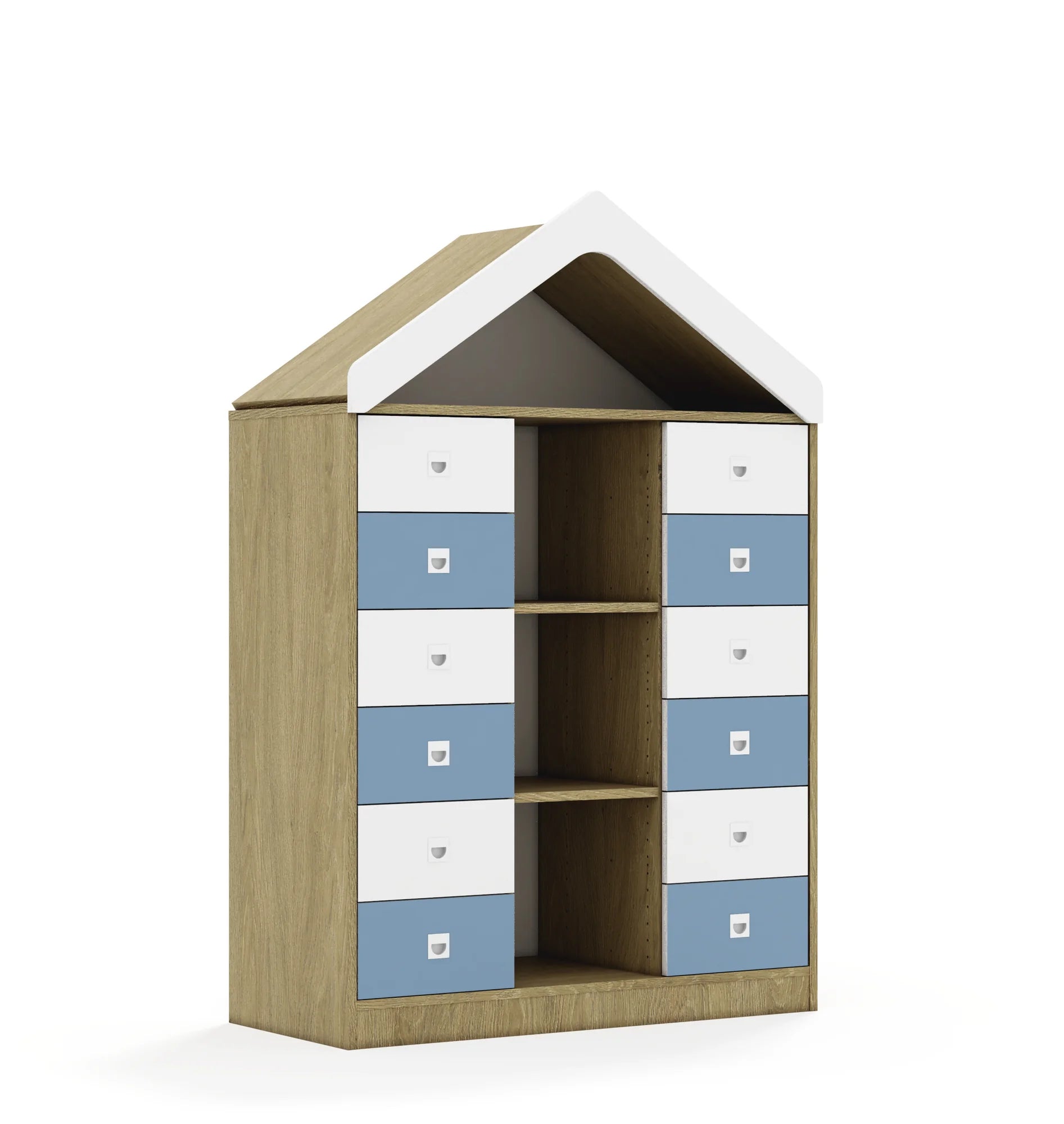 Regał BLOX 110 3PP 12SB z daszkiem 1049x466x1575 – dąb / biały/pastelowy niebieski