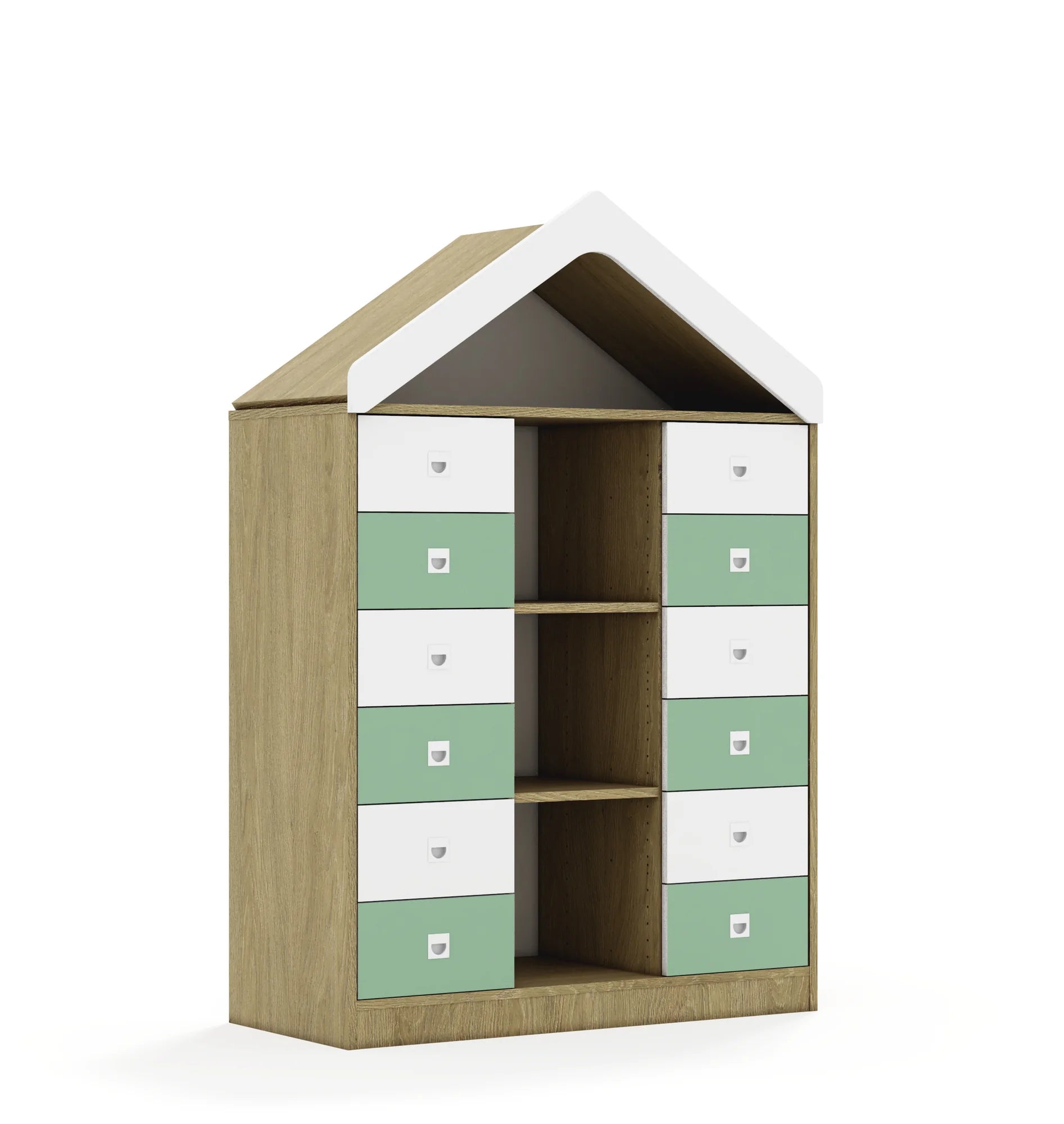 Regał BLOX 110 3PP 12SB z daszkiem 1049x466x1575 – dąb / biały/pastelowy zielony