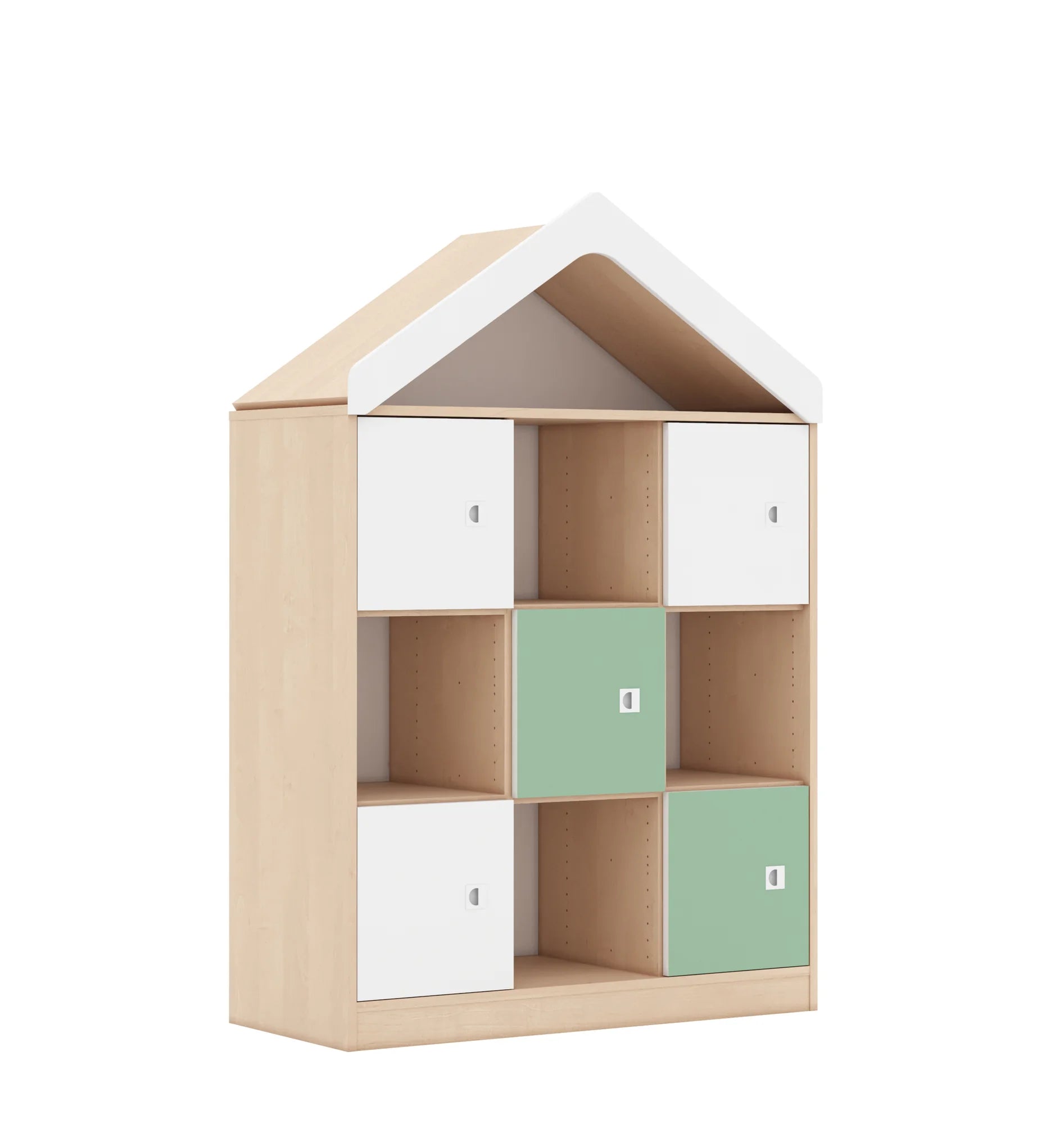 Regał BLOX 110 3PP 5F1 z daszkiem 1049x466x1575 – brzoza / biały/pastelowy zielony