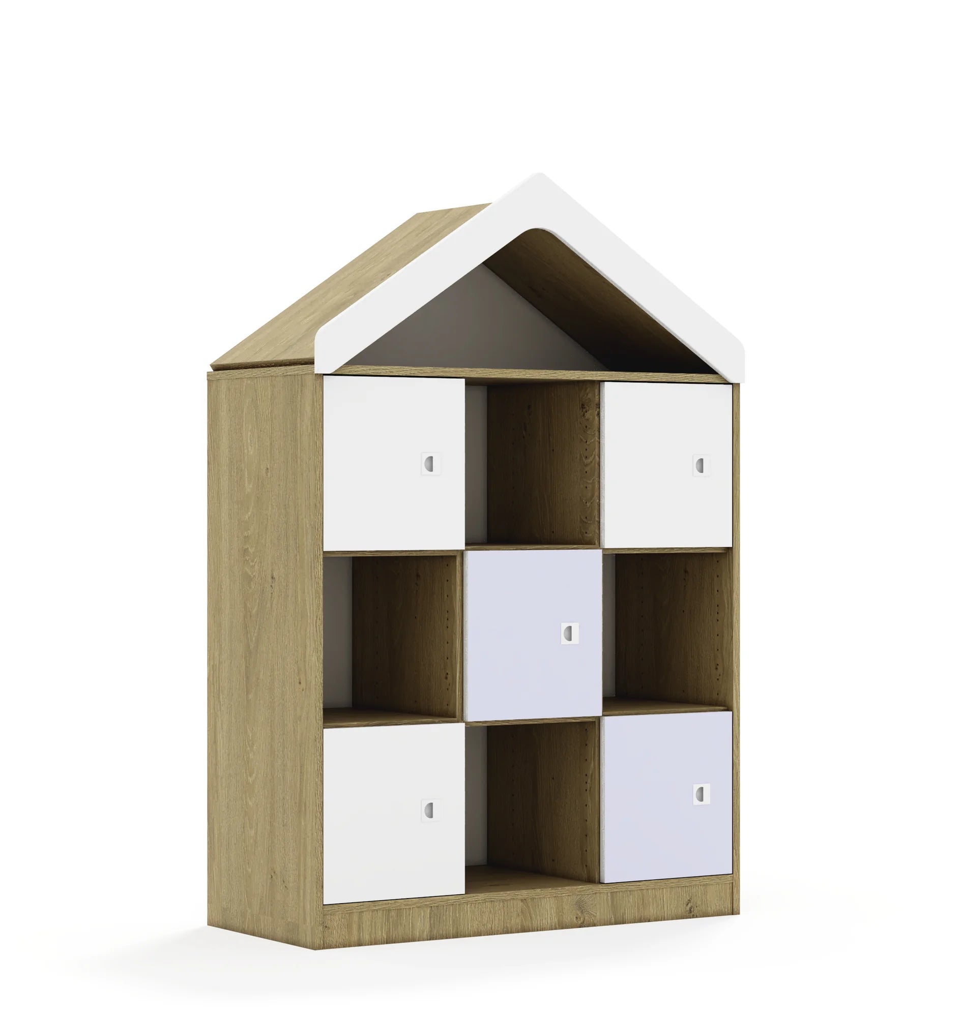 Regał BLOX 110 3PP 5F1 z daszkiem 1049x466x1575 – dąb / biały/pastelowy fioletowy