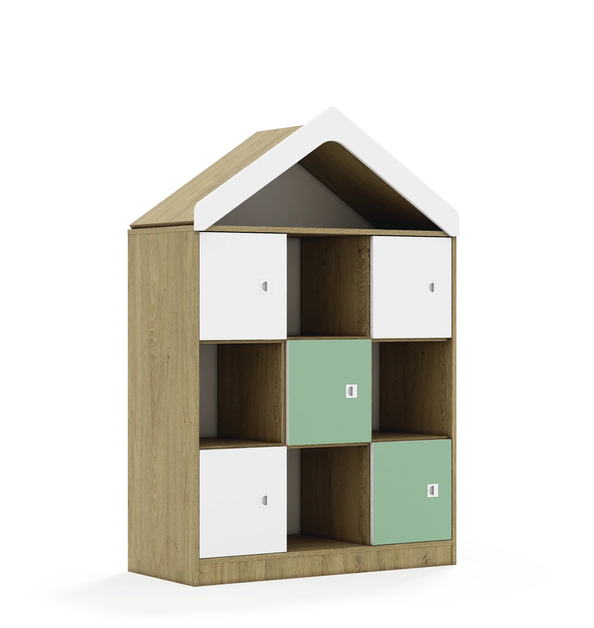 Regał BLOX 110 3PP 5F1 z daszkiem 1049x466x1575 – dąb / biały/pastelowy zielony
