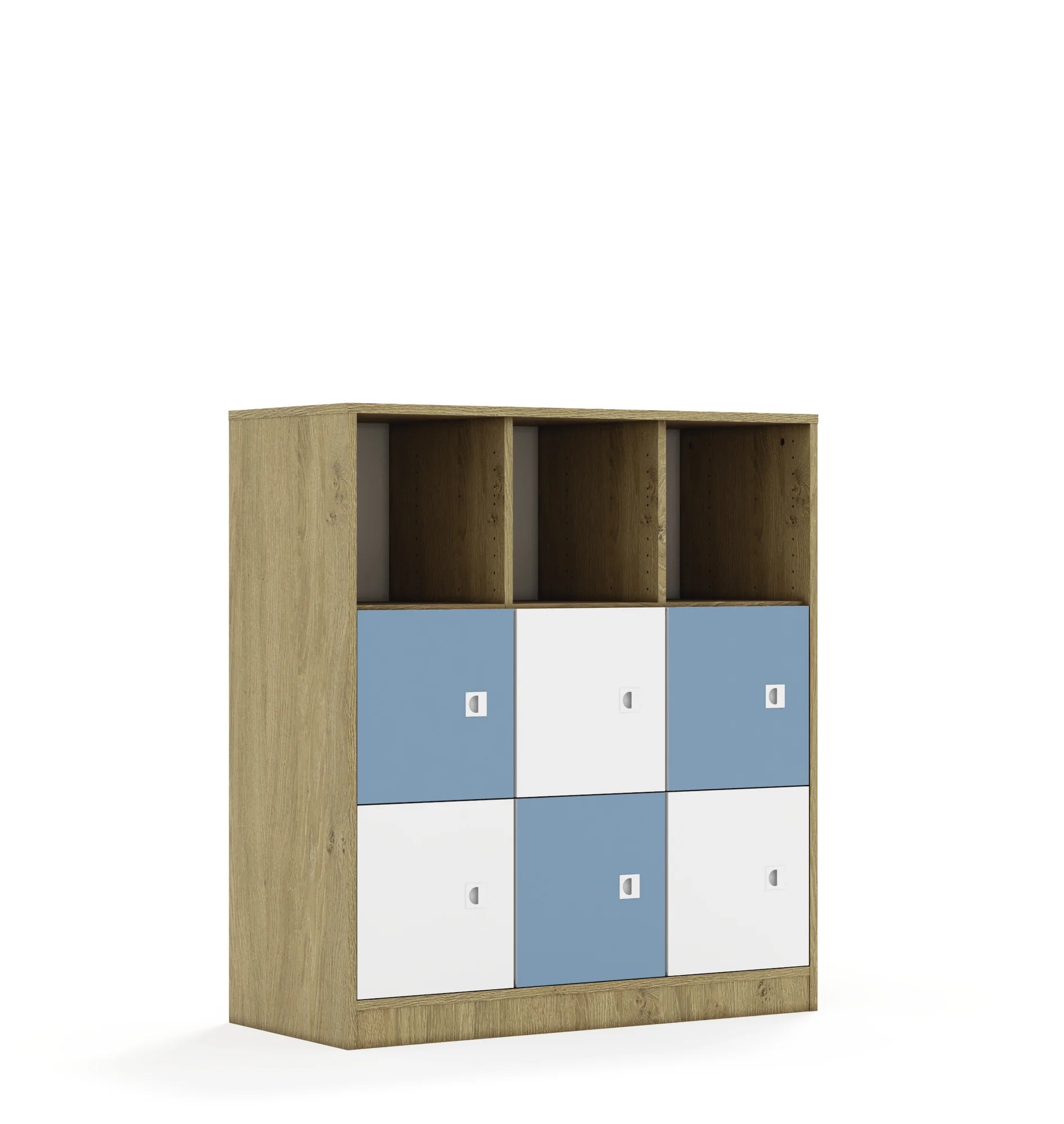 Regał BLOX 110 3PP 6F1 1049x466x1165 – dąb / biały/pastelowy niebieski
