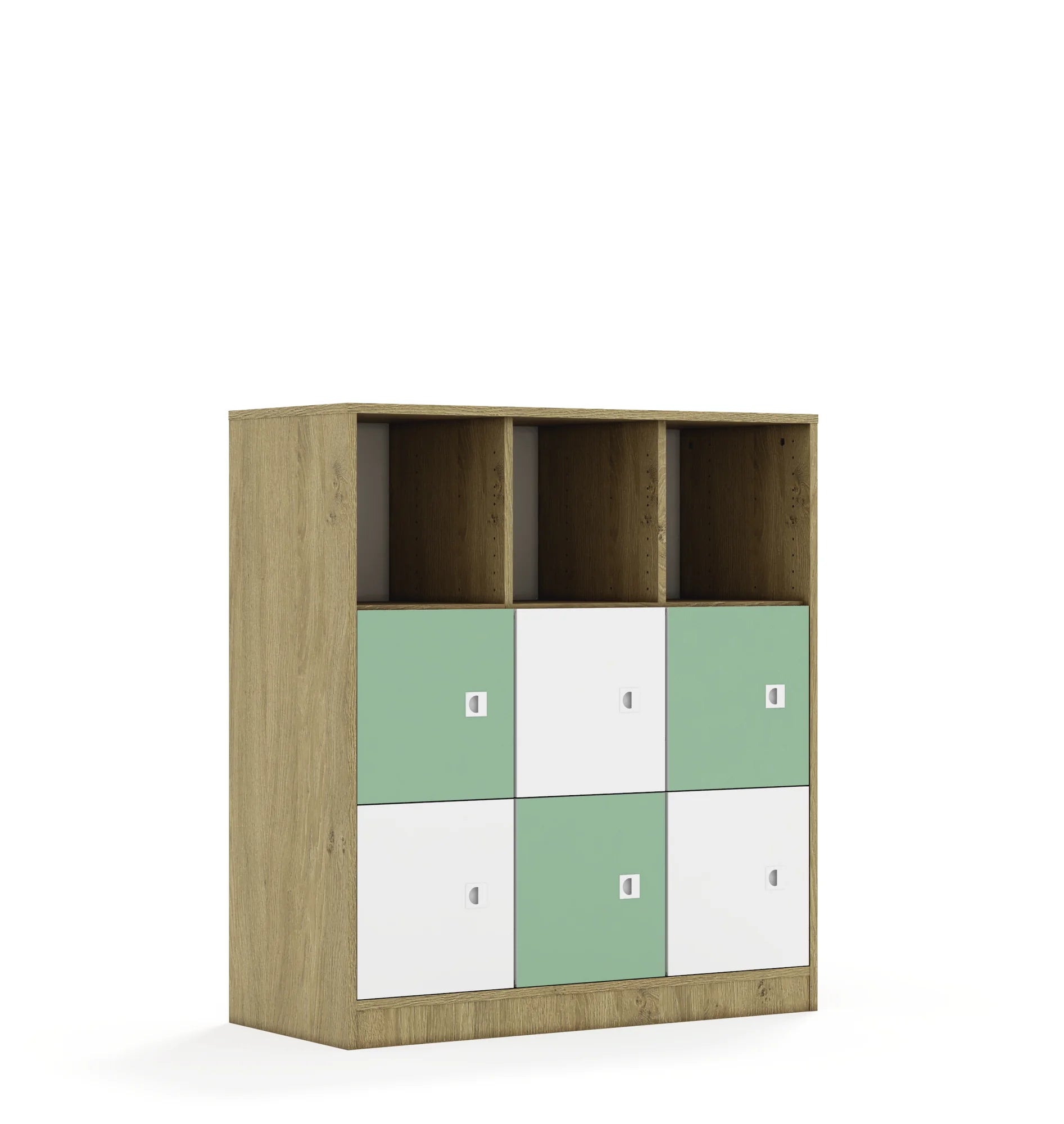 Regał BLOX 110 3PP 6F1 1049x466x1165 – dąb / biały/pastelowy zielony