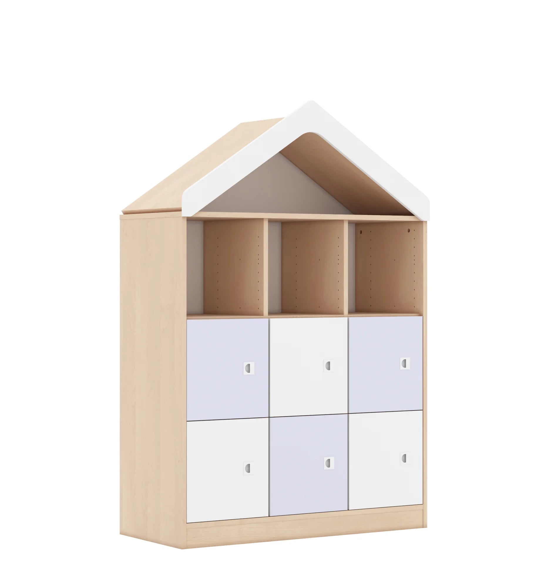 Regał BLOX 110 3PP 6F1 z daszkiem 1049x466x1575 – brzoza / biały/pastelowy fioletowy