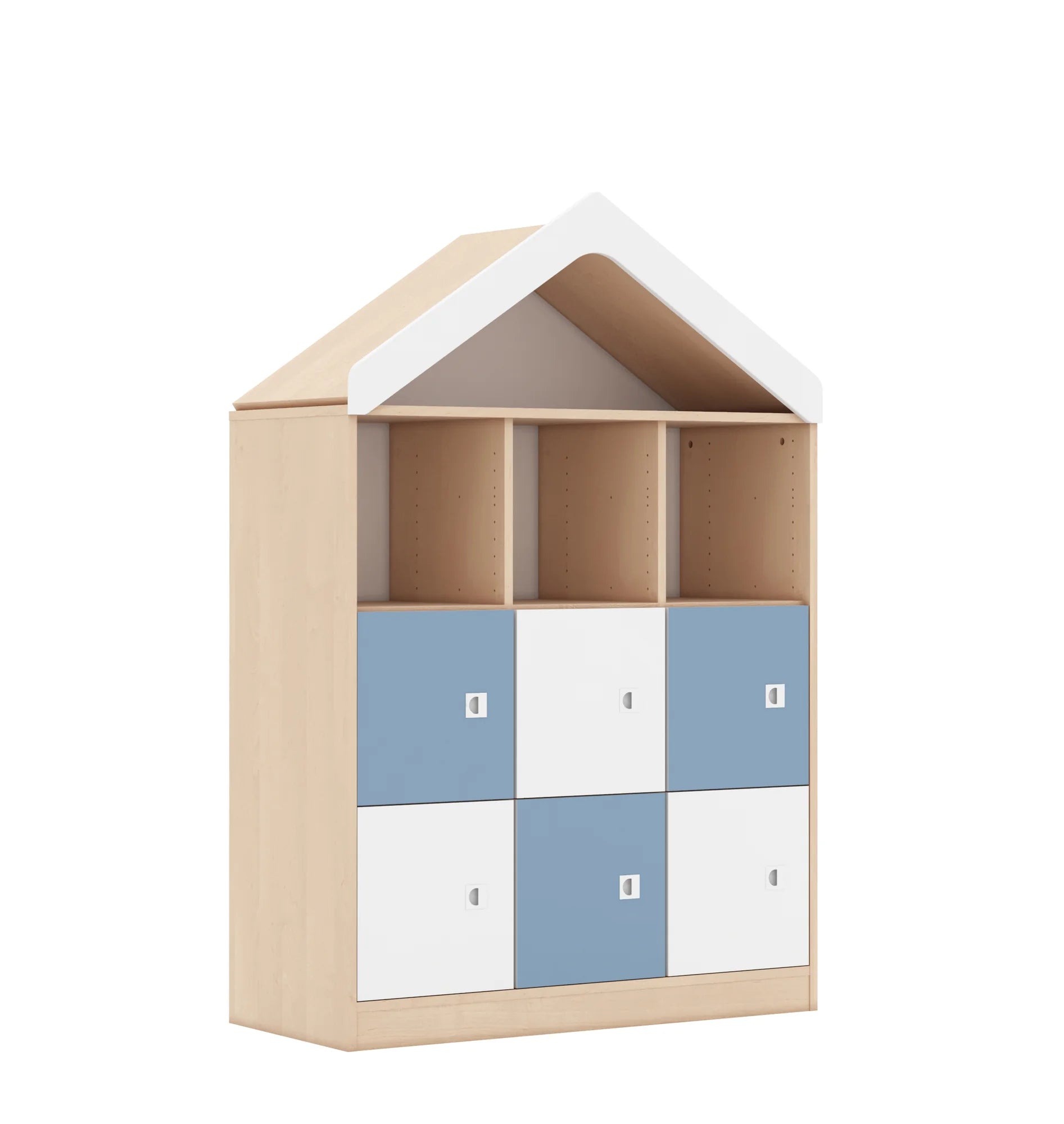 Regał BLOX 110 3PP 6F1 z daszkiem 1049x466x1575 – brzoza / biały/pastelowy niebieski