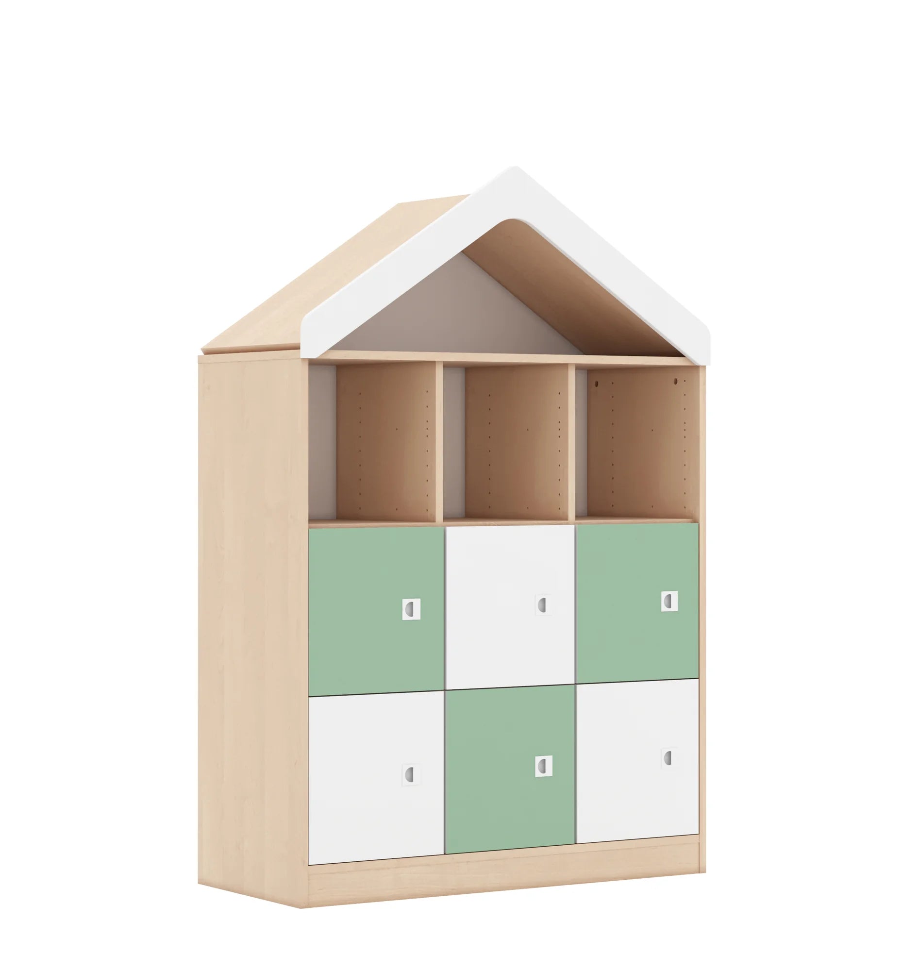 Regał BLOX 110 3PP 6F1 z daszkiem 1049x466x1575 – brzoza / biały/pastelowy zielony