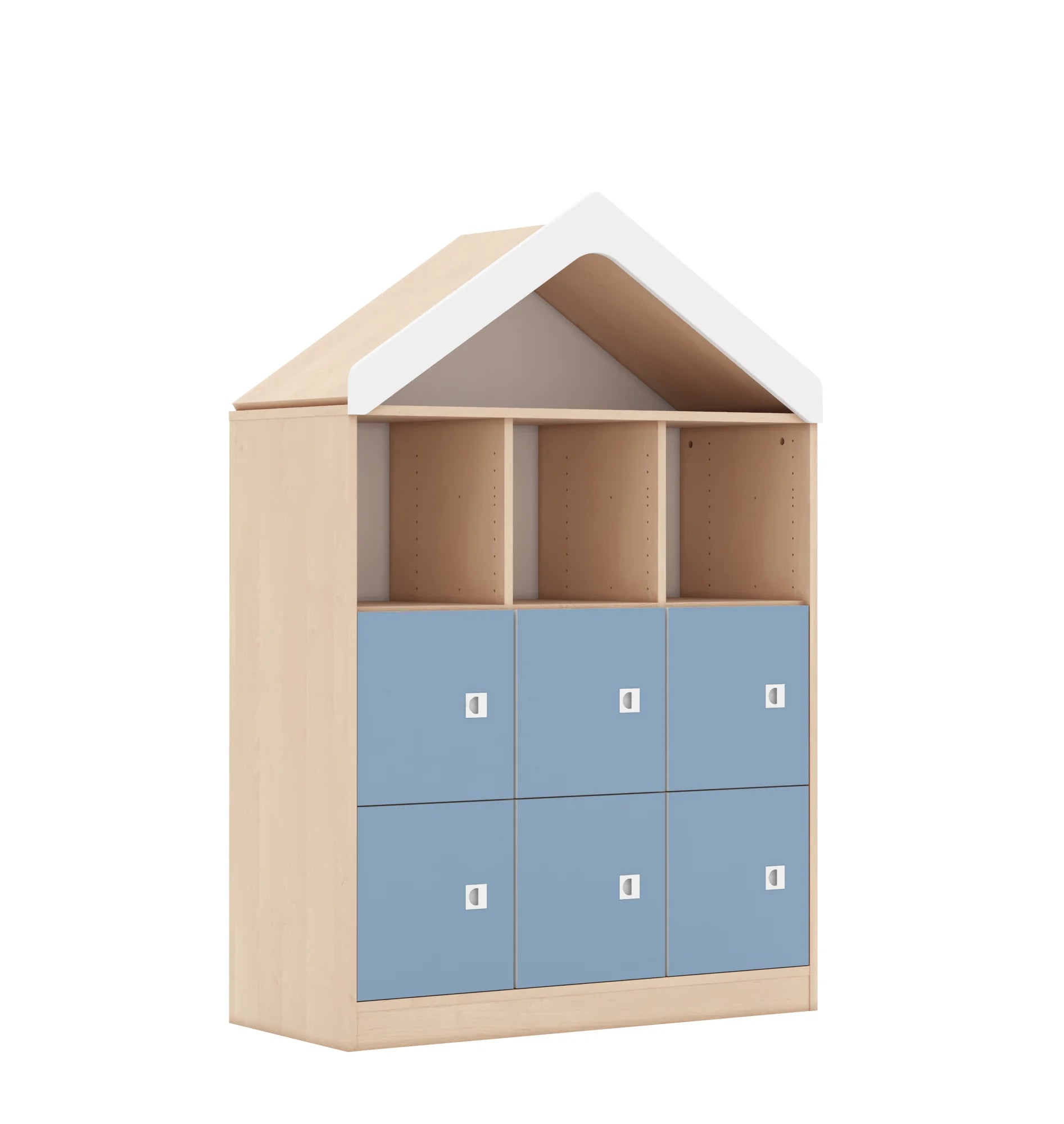 Regał BLOX 110 3PP 6F1 z daszkiem 1049x466x1575 – brzoza / pastelowy niebieski