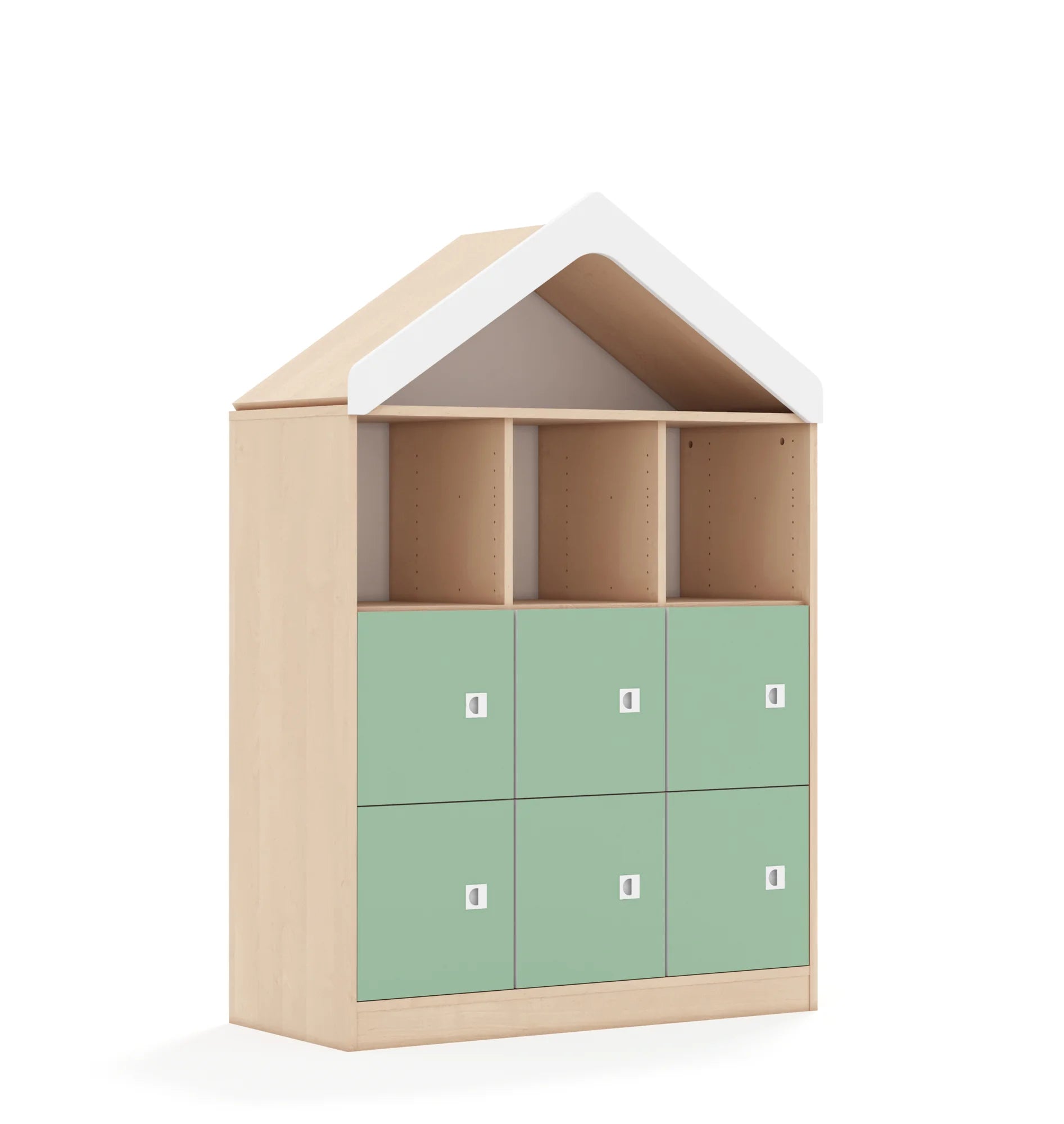 Regał BLOX 110 3PP 6F1 z daszkiem 1049x466x1575 – brzoza / pastelowy zielony