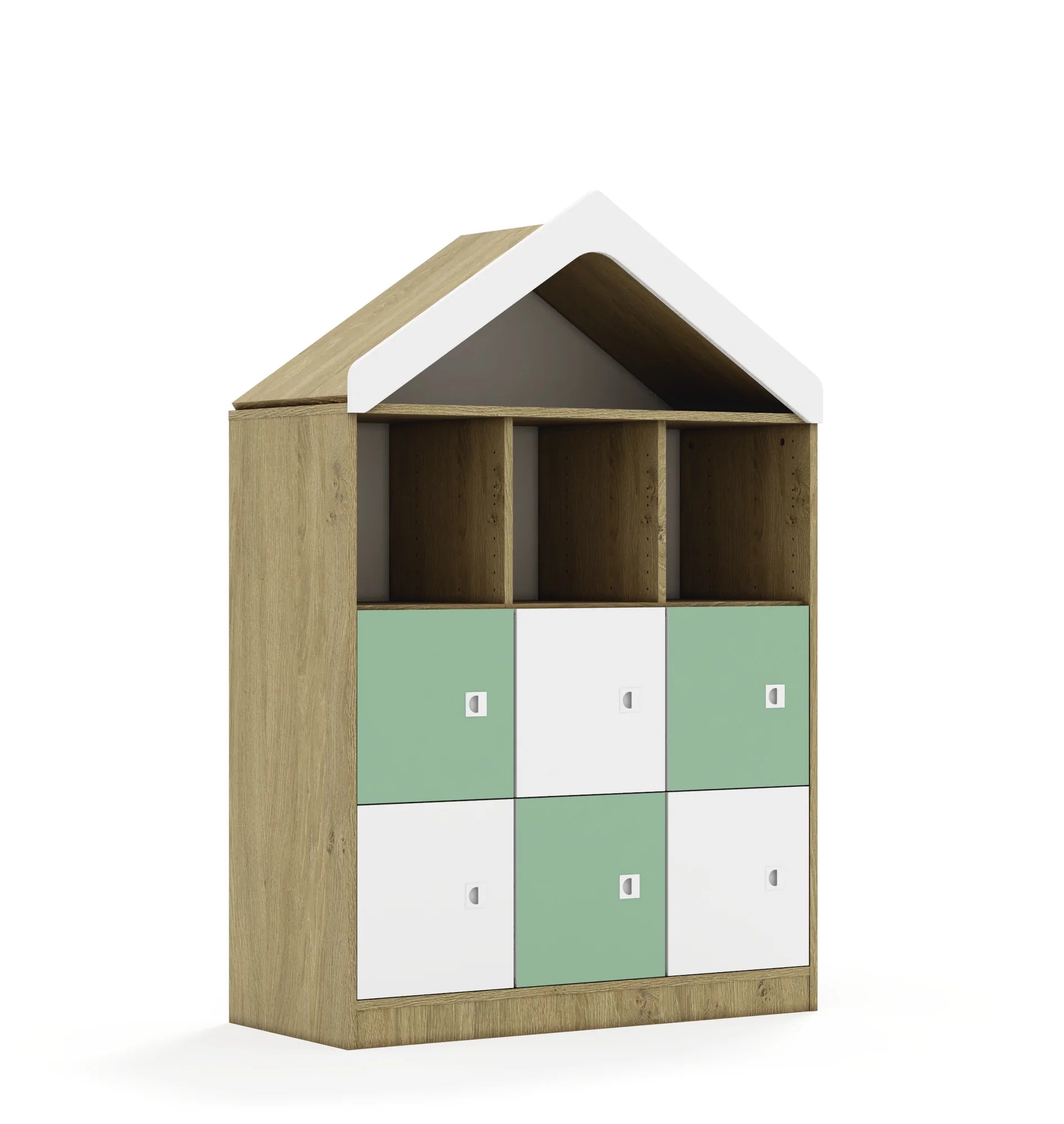 Regał BLOX 110 3PP 6F1 z daszkiem 1049x466x1575 – dąb / biały/pastelowy zielony