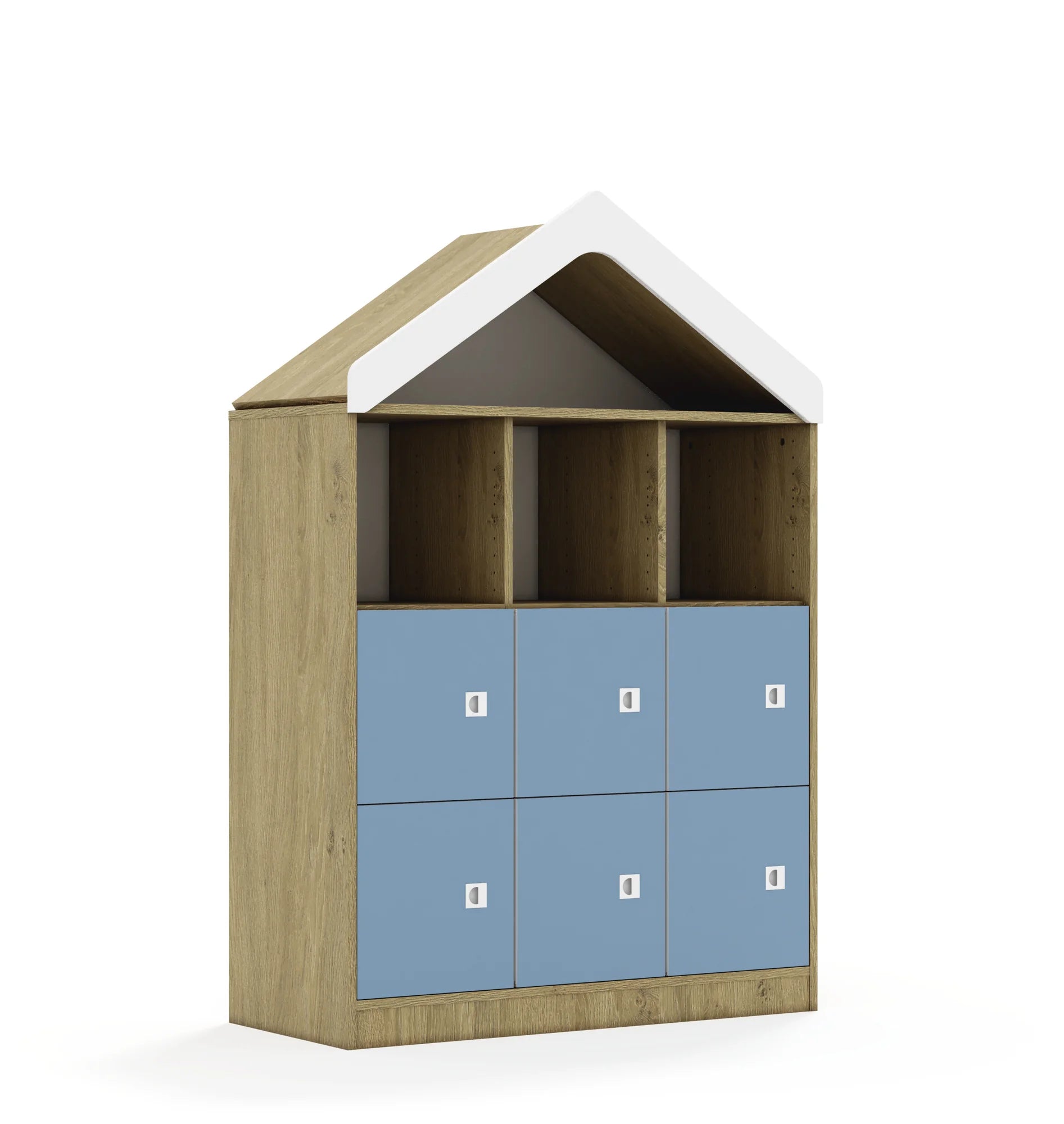 Regał BLOX 110 3PP 6F1 z daszkiem 1049x466x1575 – dąb / pastelowy niebieski