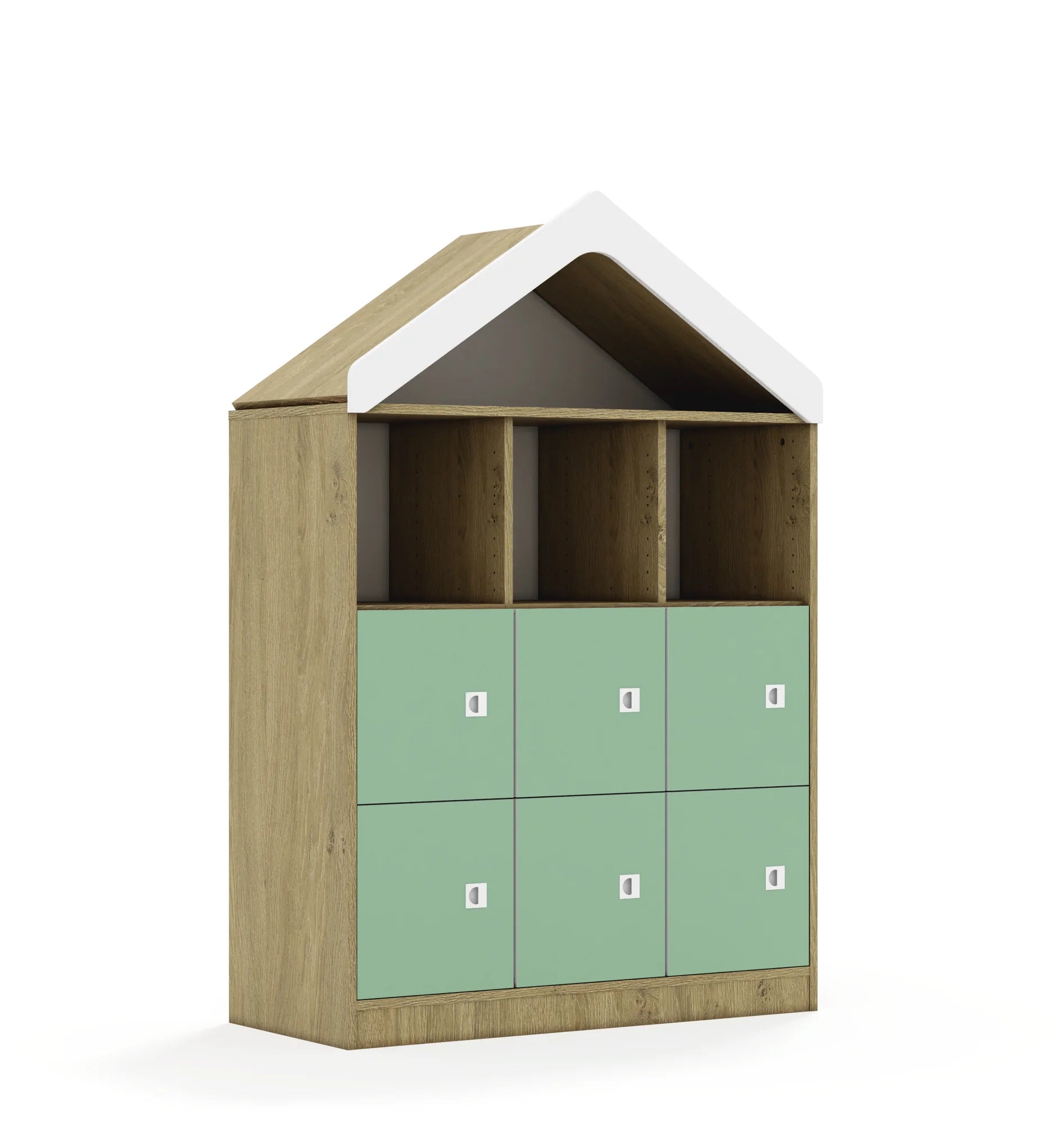 Regał BLOX 110 3PP 6F1 z daszkiem 1049x466x1575 – dąb / pastelowy zielony