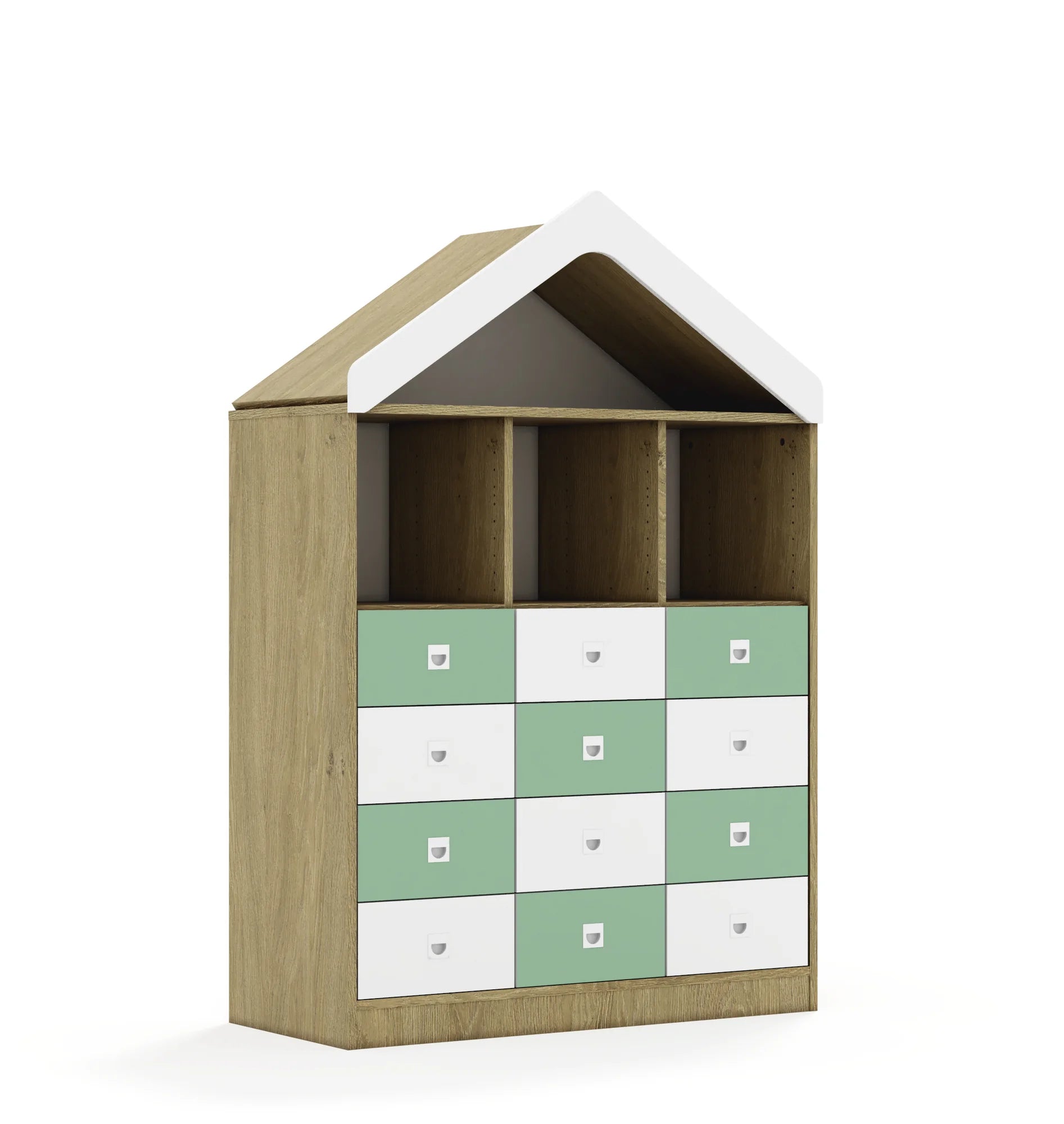 Regał BLOX 110 3PP 8SB 4SS z daszkiem 1049x466x1575 – dąb / biały/pastelowy zielony
