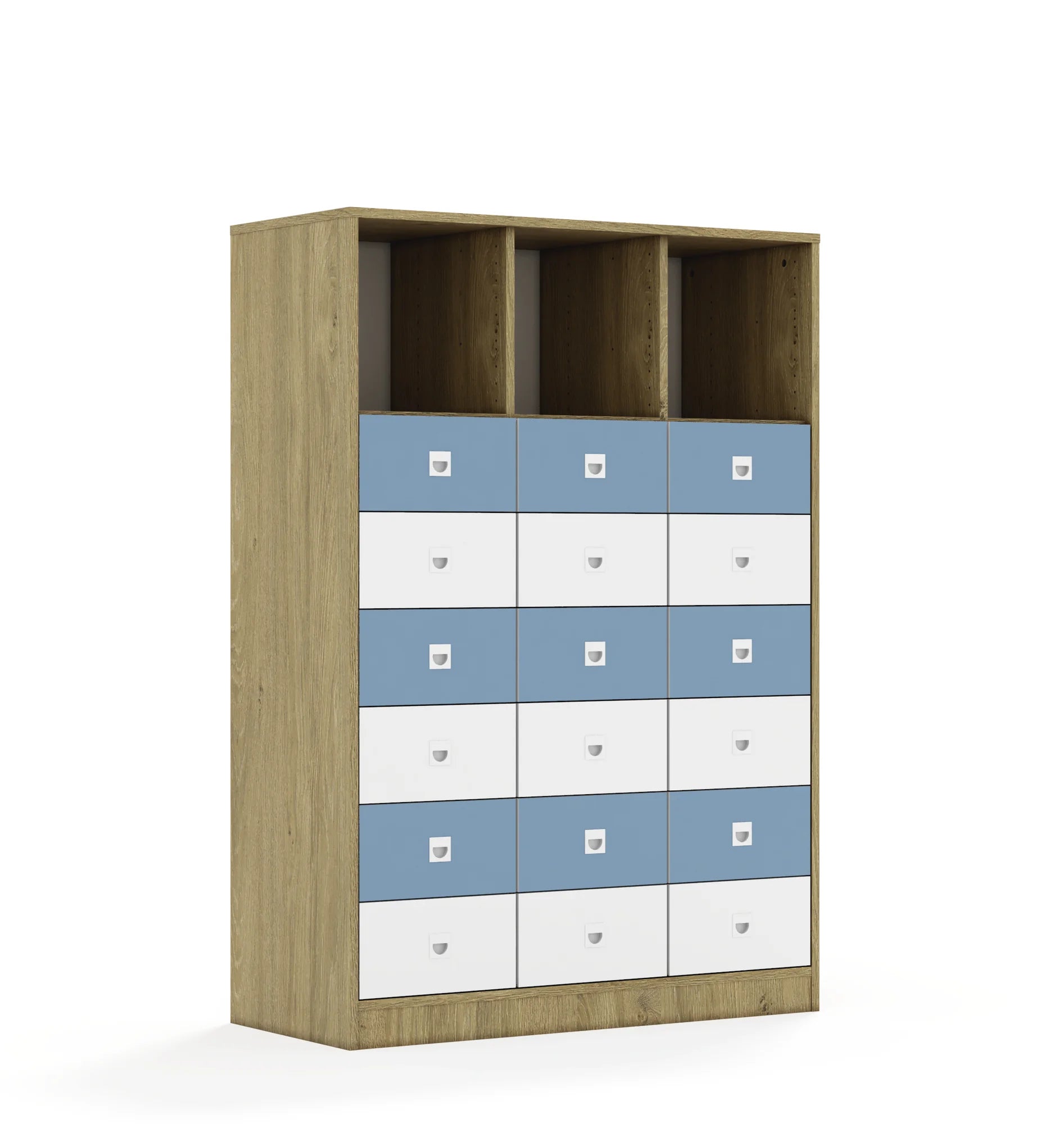 Regał BLOX 110 4PP 12SB 6SS 1049x466x1517 – dąb / biały/pastelowy niebieski