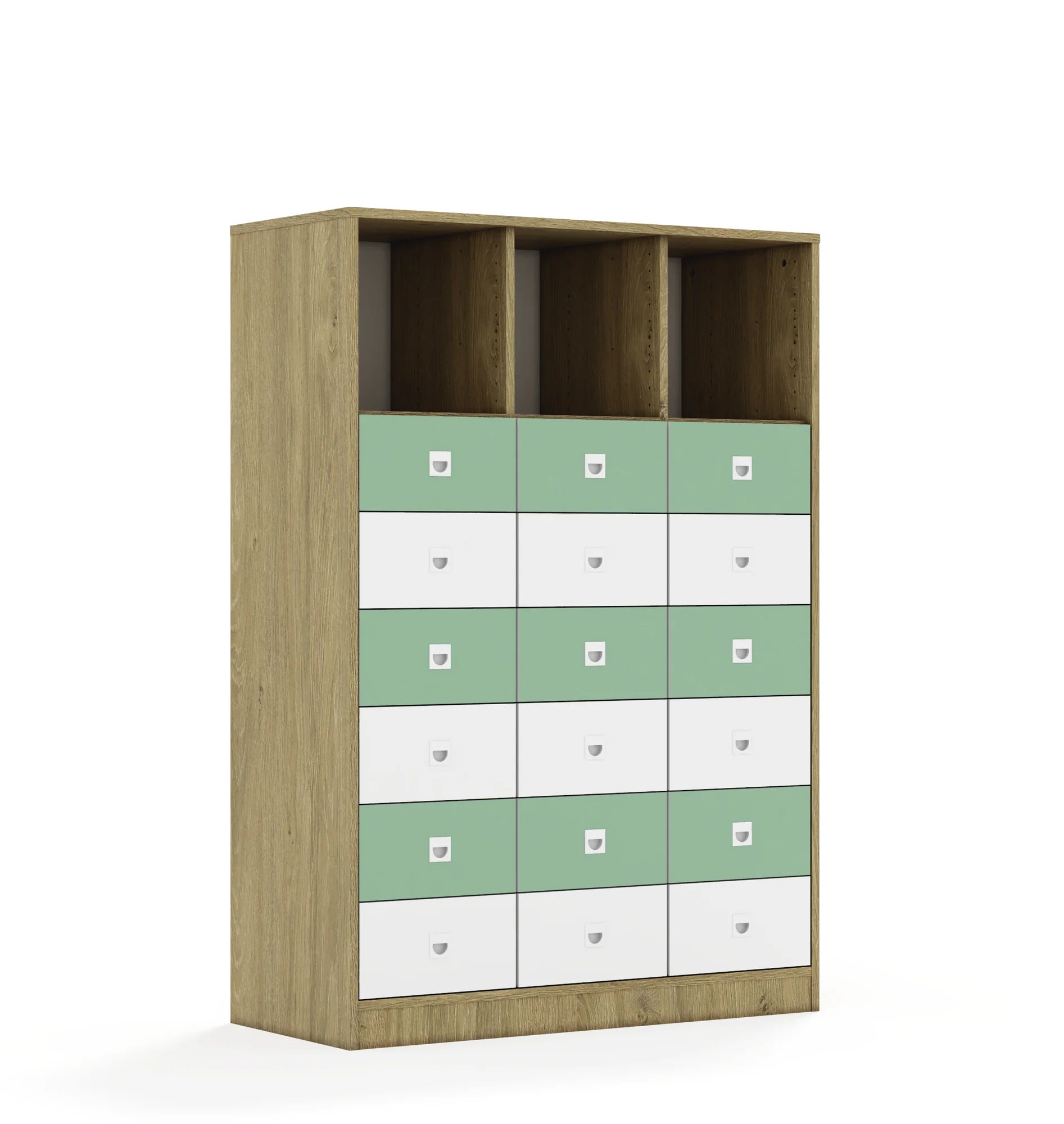 Regał BLOX 110 4PP 12SB 6SS 1049x466x1517 – dąb / biały/pastelowy zielony