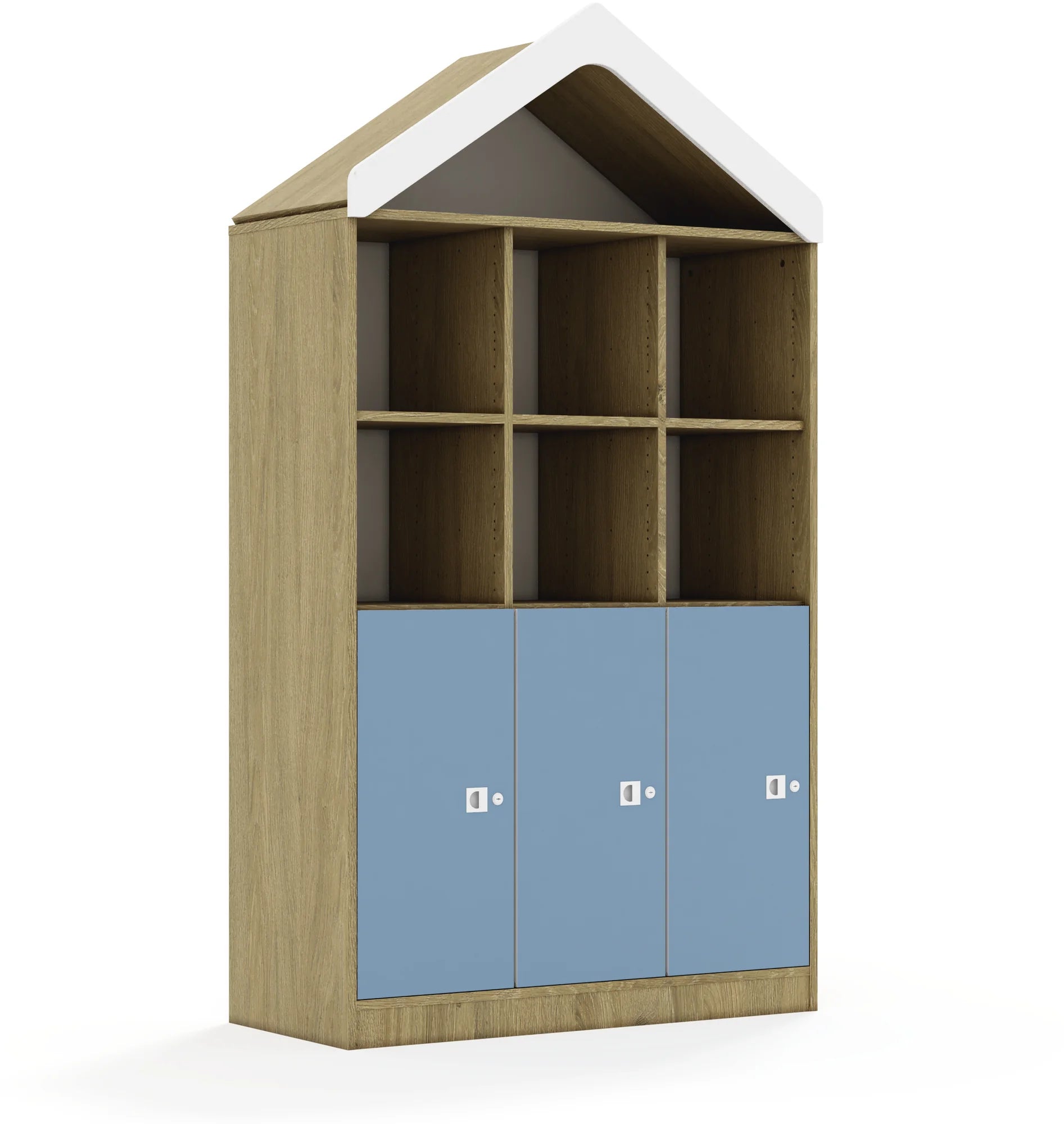 Regał BLOX 110 4PP 3F2 z daszkiem 1049x466x1927 – dąb / pastelowy niebieski