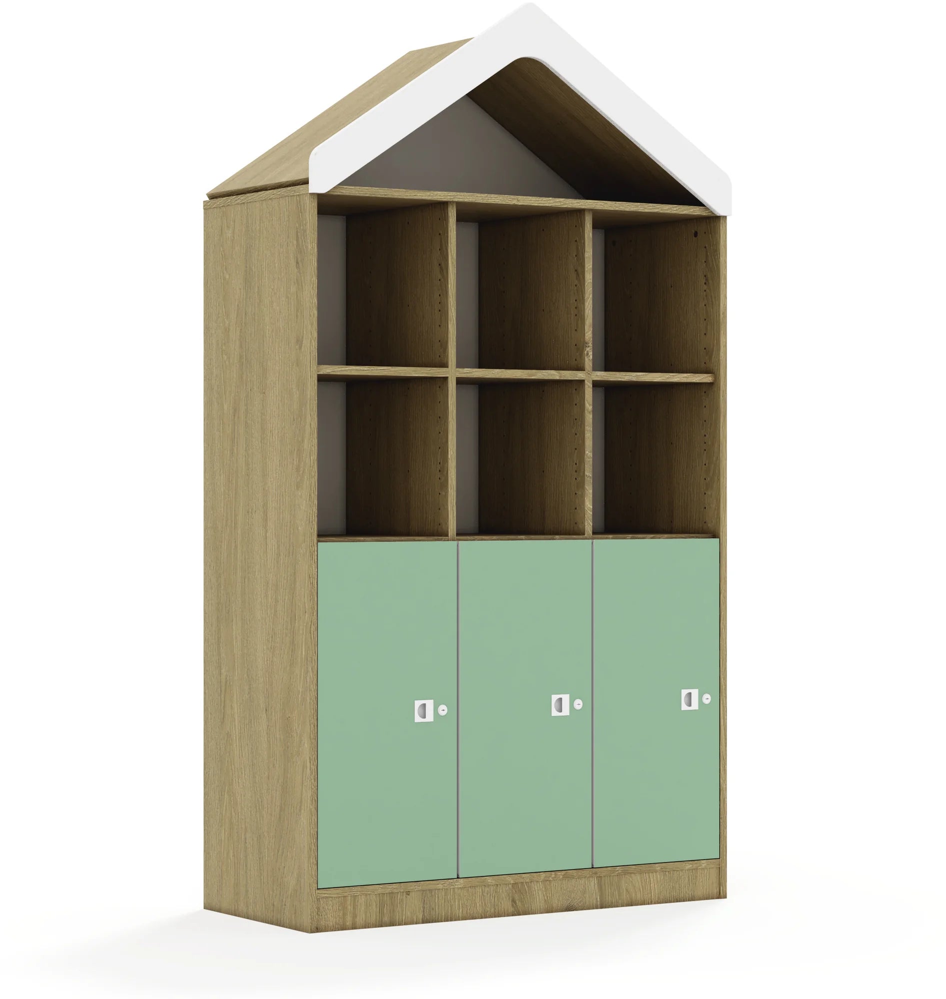 Regał BLOX 110 4PP 3F2 z daszkiem 1049x466x1927 – dąb / pastelowy zielony