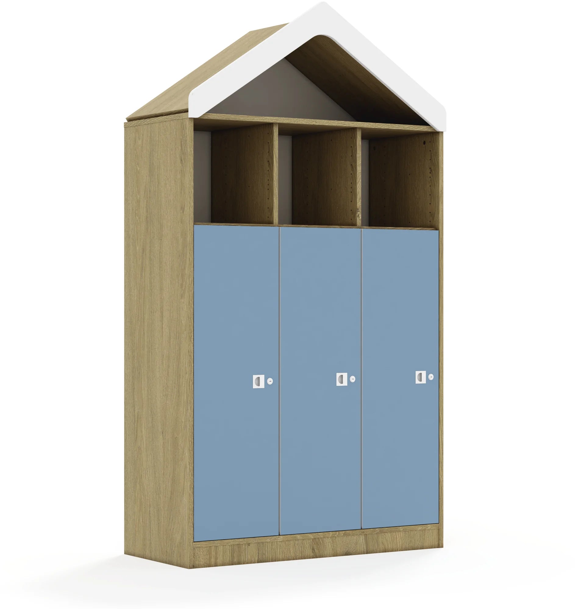 Regał BLOX 110 4PP 3F3 z daszkiem 1049x466x1927 – dąb / pastelowy niebieski
