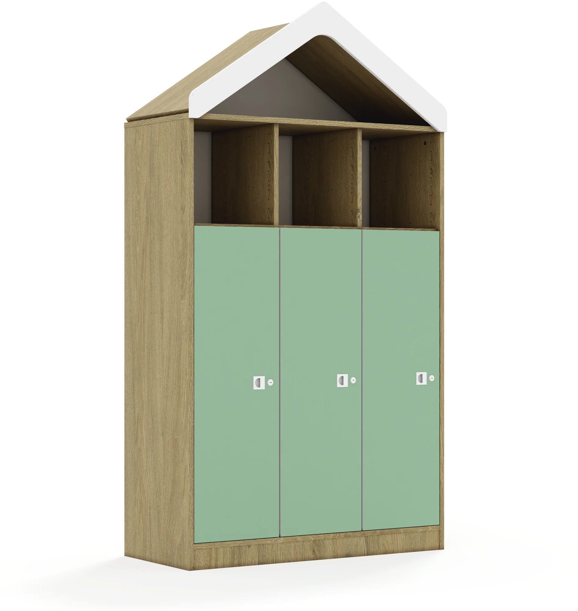 Regał BLOX 110 4PP 3F3 z daszkiem 1049x466x1927 – dąb / pastelowy zielony