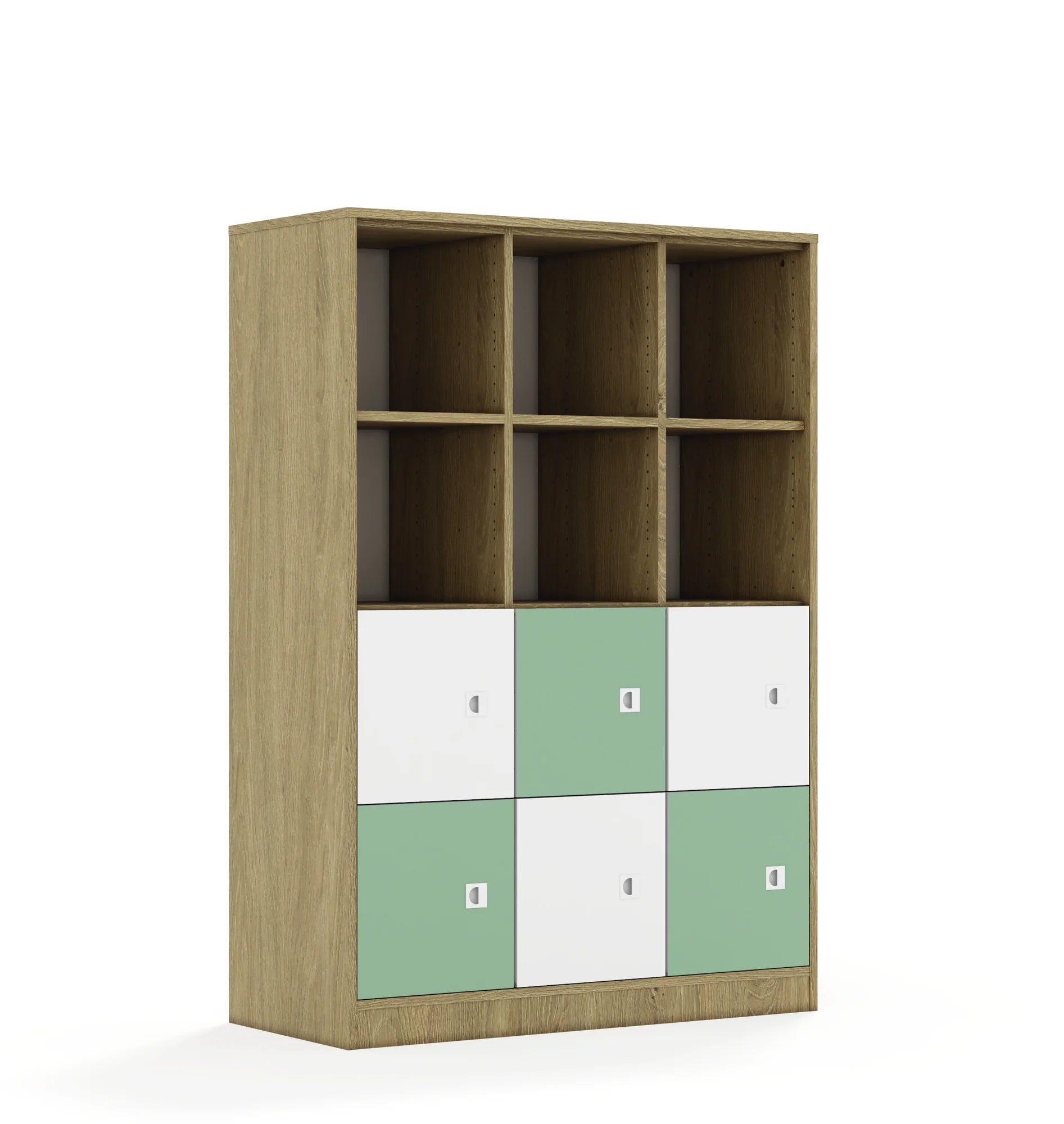 Regał BLOX 110 4PP 6F1 1049x466x1517 – dąb / biały/pastelowy zielony
