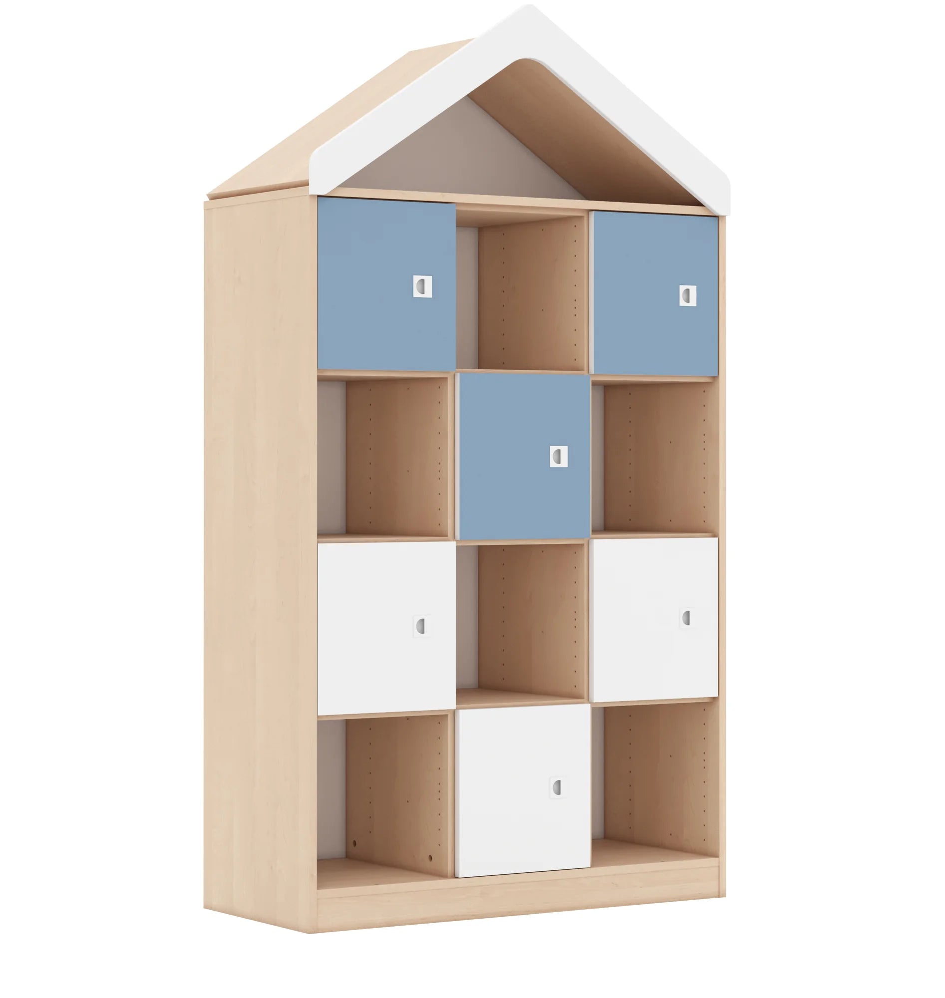 Regał BLOX 110 4PP 6F1 z daszkiem 1049x466x1927 – brzoza / biały/pastelowy niebieski