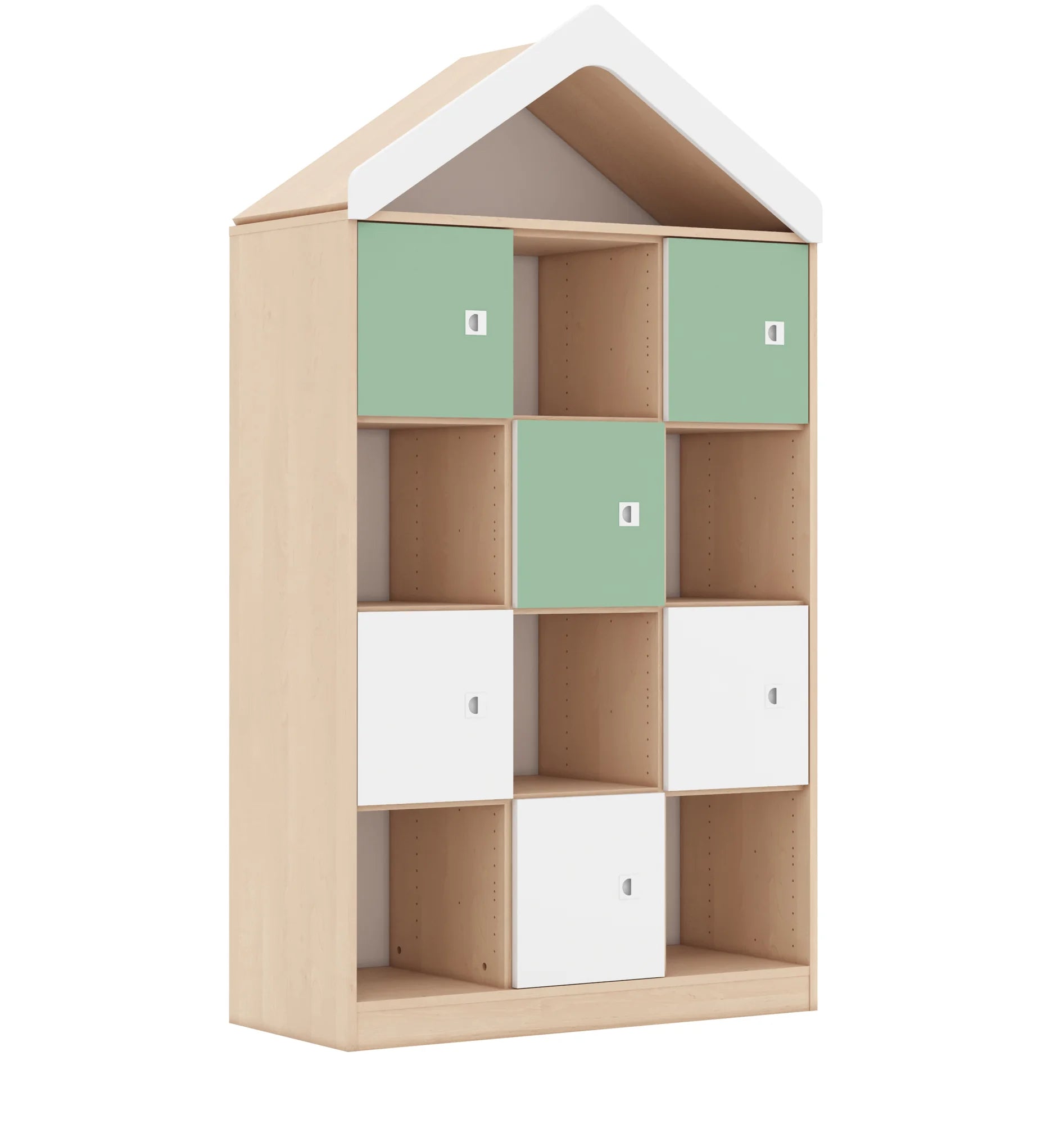 Regał BLOX 110 4PP 6F1 z daszkiem 1049x466x1927 – brzoza / biały/pastelowy zielony