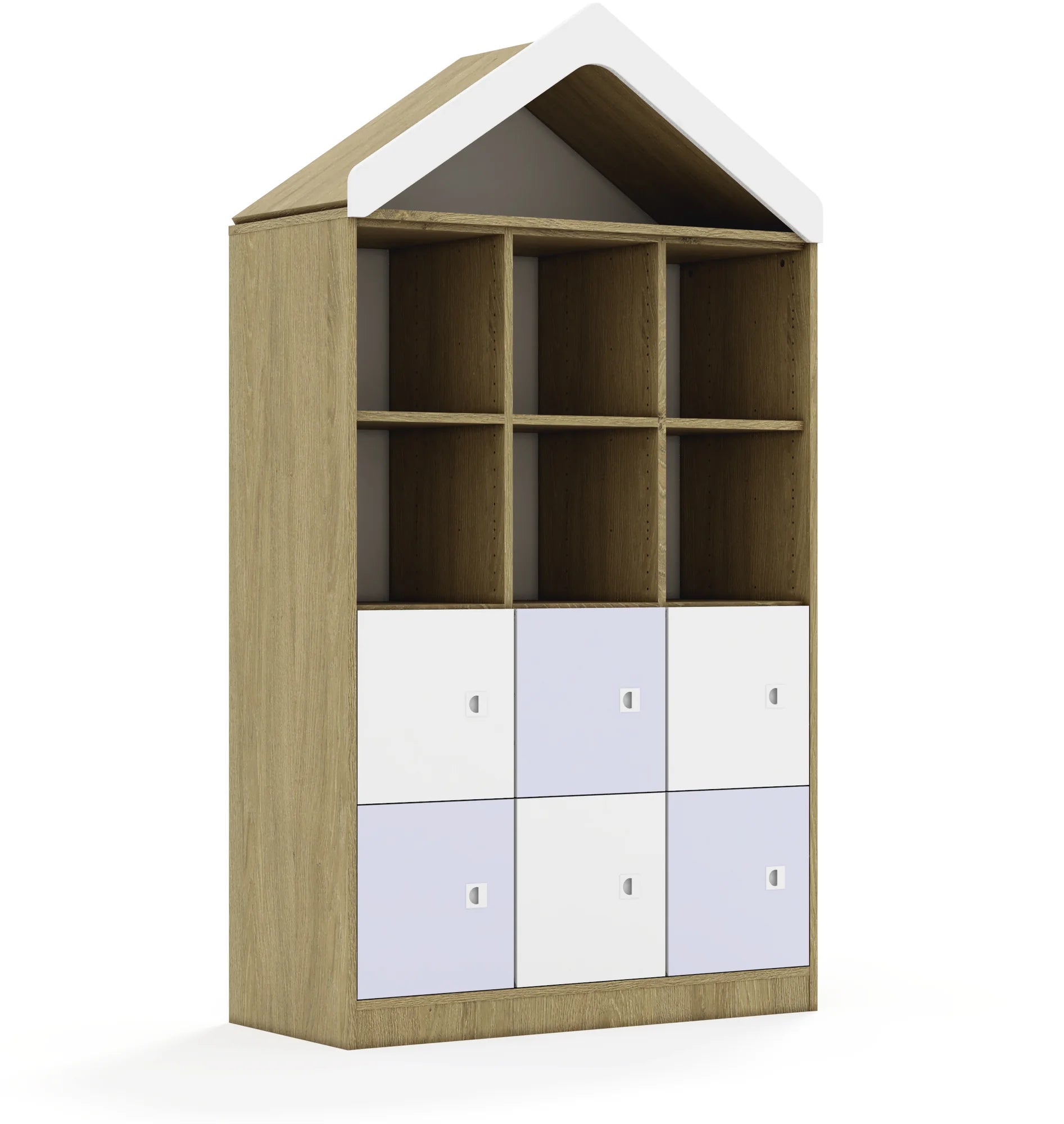 Regał BLOX 110 4PP 6F1 z daszkiem 1049x466x1927 – dąb / biały/pastelowy fioletowy