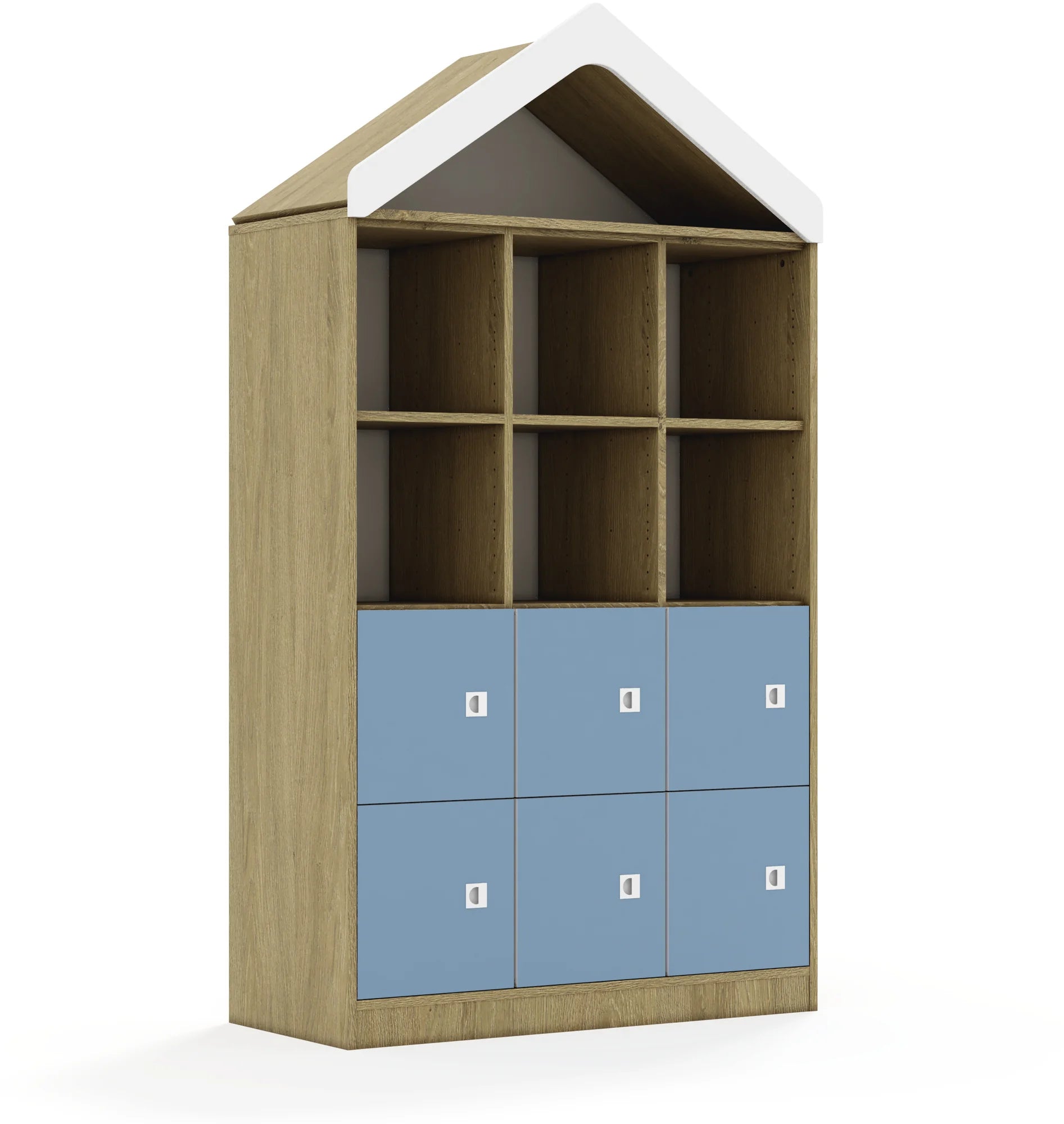 Regał BLOX 110 4PP 6F1 z daszkiem 1049x466x1927 – dąb / pastelowy niebieski